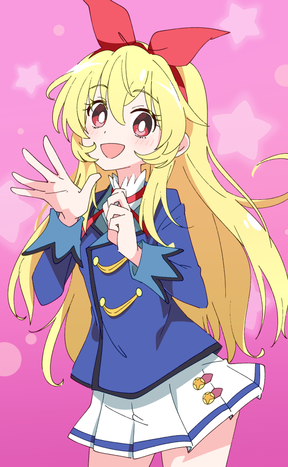 1girl :d aikatsu! aikatsu!_(series) blonde_hair commentary eyebrows_visible_through_hair hair_between_eyes hairband hoshimiya_ichigo ixy long_sleeves looking_at_viewer open_mouth pink_background pleated_skirt red_eyes red_hairband school_uniform skirt smile solo starlight_academy_uniform starry_background white_skirt