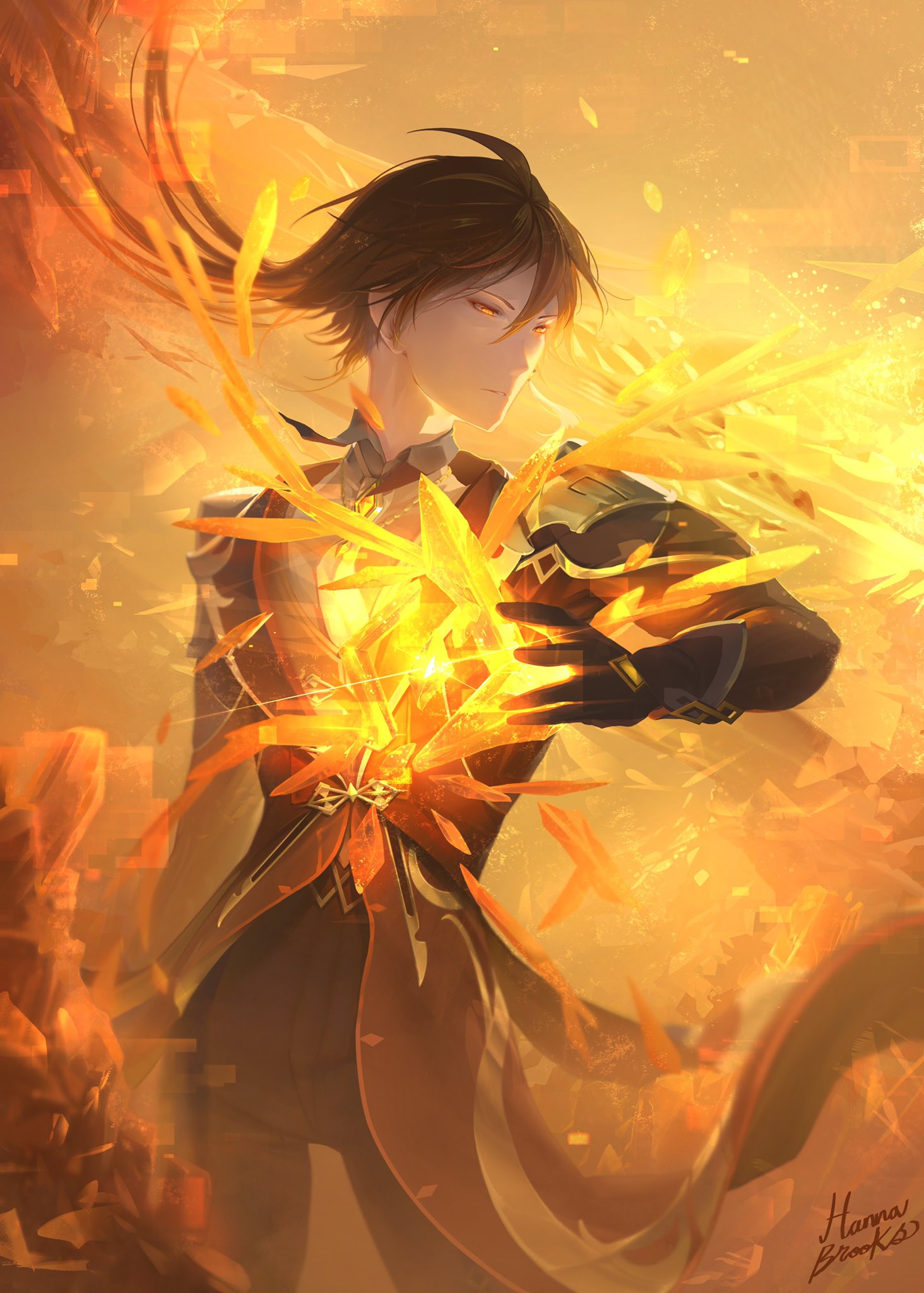 1boy bangs black_gloves black_hair blurry blurry_background blurry_foreground brown_hair chinese_clothes coattails collared_shirt cowboy_shot diamond-shaped_pupils diamond_(shape) dragon earrings eastern_dragon eyeliner floating floating_object formal genshin_impact gloves glowing gradient_hair hair_between_eyes hand_up hannabrooksart highres jacket jewelry light light_rays long_hair long_pants long_sleeves makeup male_focus multicolored_hair narrowed_eyes necktie orange_hair pants ponytail shirt sidelocks signature single_earring stone suit symbol-shaped_pupils tassel tassel_earrings teeth toned toned_male twitter_username vest yellow_eyes zhongli_(genshin_impact)