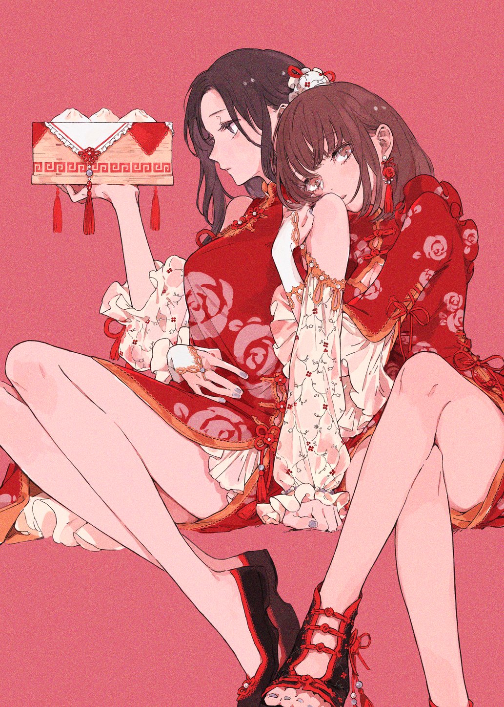 2girls bamboo_steamer bangs bare_legs bare_shoulders black_eyes black_footwear black_hair blue_nails box bra breast_cutout breasts brown_eyes brown_hair china_dress chinese_clothes clenched_hand crossed_legs cupless_bra detached_sleeves dress dumpling earrings eyebrows_visible_through_hair floral_print flower flower_earrings food hair_behind_ear hair_ornament head_on_another's_shoulder highres holding holding_box holding_stomach hug jewelry kakmxxxny06 long_hair long_sleeves looking_at_viewer looking_away looking_down looking_to_the_side multiple_girls nail_polish original petals red_dress red_flower red_theme ribbon rose rose_petals sitting sleeves_past_wrists underwear yokozuwari yuri