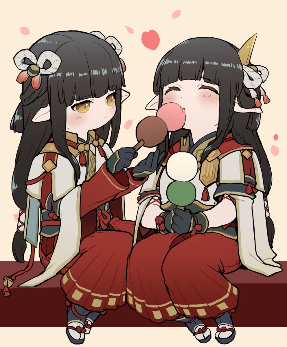 2girls black_hair blush capcom hinoa japanese_clothes kimono long_hair minoto monster_hunter monster_hunter_(series) monster_hunter_rise pointy_ears siblings twins