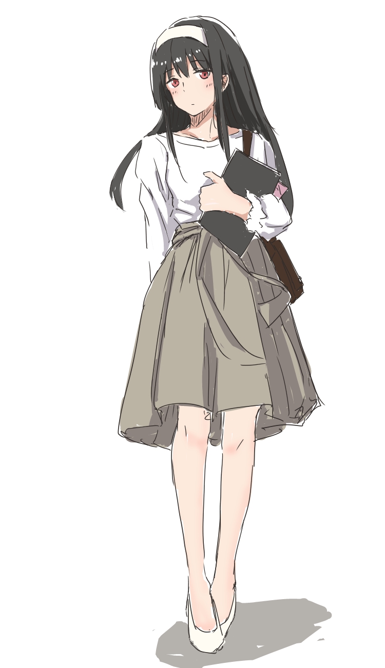 1girl alternate_costume arm_behind_back bag bangs black_hair closed_mouth eyebrows_visible_through_hair flats full_body grey_skirt hairband hatsushimo_(kancolle) highres holding kantai_collection long_hair older po0000000000 red_eyes shirt shoulder_bag sidelocks skirt solo standing white_footwear white_hairband white_shirt