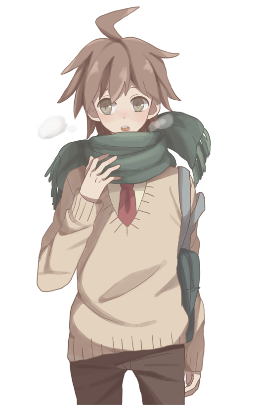 1boy ahoge bag beige_sweater blush breath brown_eyes brown_hair brown_pants cold commentary_request cowboy_shot green_scarf long_sleeves looking_away looking_to_the_side male_focus mikuni_(open-ranka) naegi_makoto necktie open_mouth pants red_neckwear scarf school_bag school_uniform shirt sideways_glance simple_background solo sweater white_background white_shirt