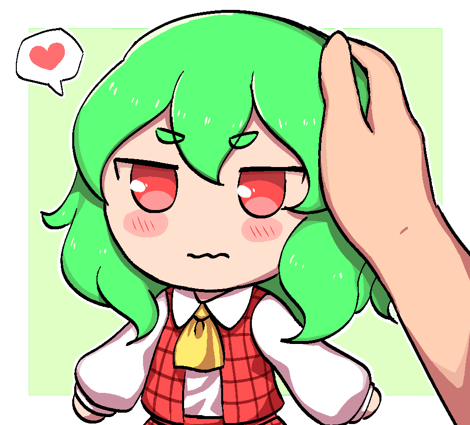 1girl ascot bangs blush border closed_mouth collared_shirt embarrassed english_commentary eyebrows_visible_through_hair fumo_(doll) green_background green_hair headpat heart kazami_yuuka lanalopez92 long_sleeves plaid plaid_vest red_eyes red_vest shirt short_hair simple_background spoken_heart touhou upper_body vest white_border white_shirt yellow_neckwear