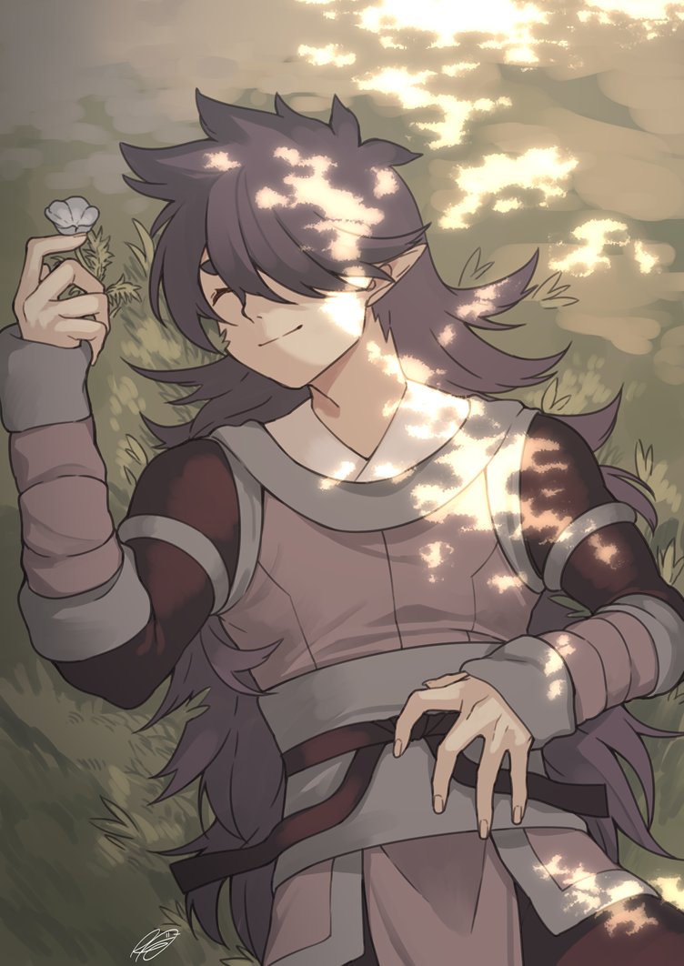 1boy closed_eyes dappled_sunlight fengxi_(the_legend_of_luoxiaohei) flower grass hair_over_one_eye hand_up lying on_back pointy_ears rkp signature sleeves_past_wrists smile solo sunlight the_legend_of_luo_xiaohei upper_body white_flower