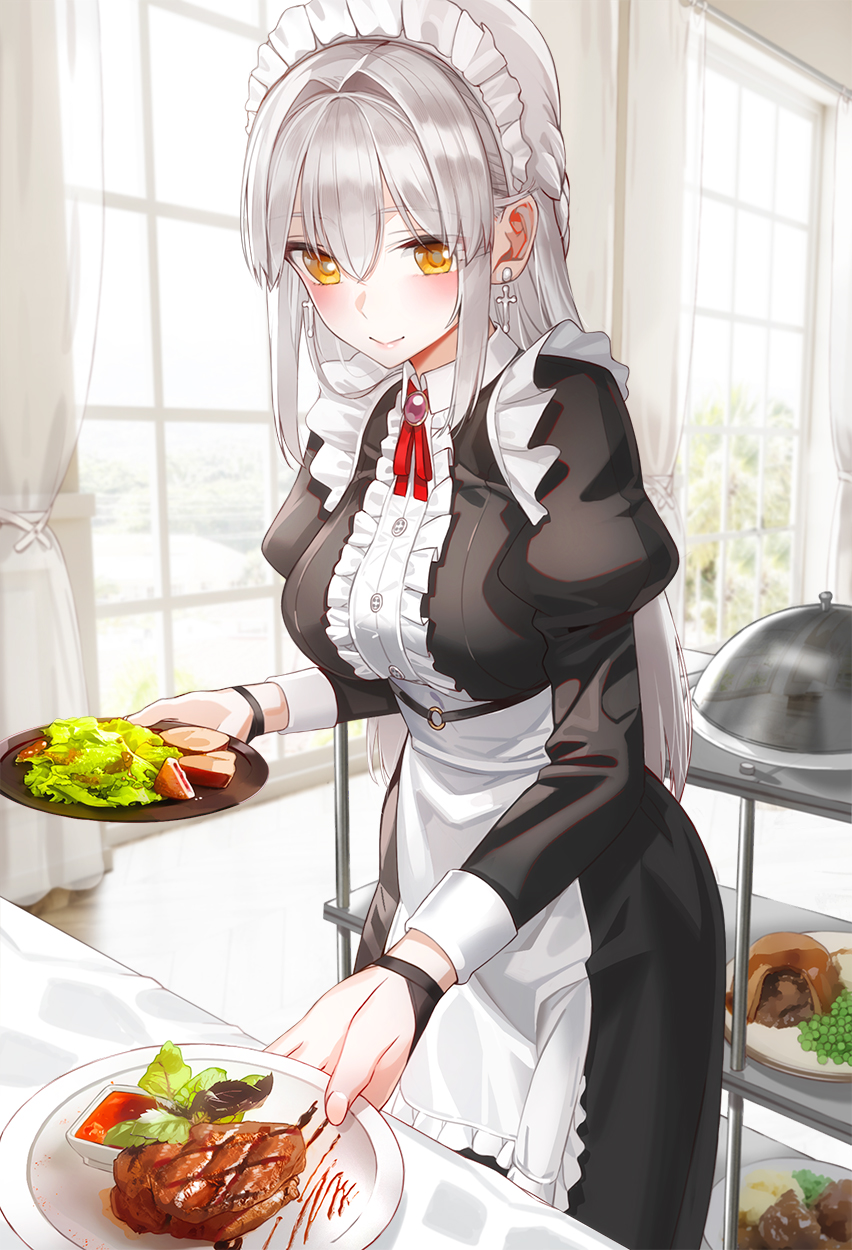 1girl breasts cross cross_earrings curtains earrings food frills hair_between_eyes highres holding holding_plate indoors jewelry kfr long_hair long_sleeves looking_at_viewer maid maid_headdress meat medium_breasts original plate puffy_long_sleeves puffy_sleeves red_neckwear red_ribbon ribbon salad silver_hair solo window yellow_eyes