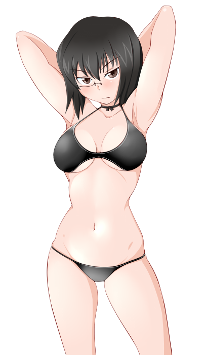 1girl arms_behind_head arms_up bangs bikini black-framed_eyewear black_bikini black_choker black_eyes black_hair blush bob_cut breasts choker closed_mouth cowboy_shot eyebrows_visible_through_hair fang frown girls_und_panzer half-closed_eyes halterneck kawashima_momo large_breasts looking_at_viewer monocle navel ribbon_choker semi-rimless_eyewear short_hair simple_background skindentation solo standing swimsuit tanaka_rikimaru under-rim_eyewear white_background