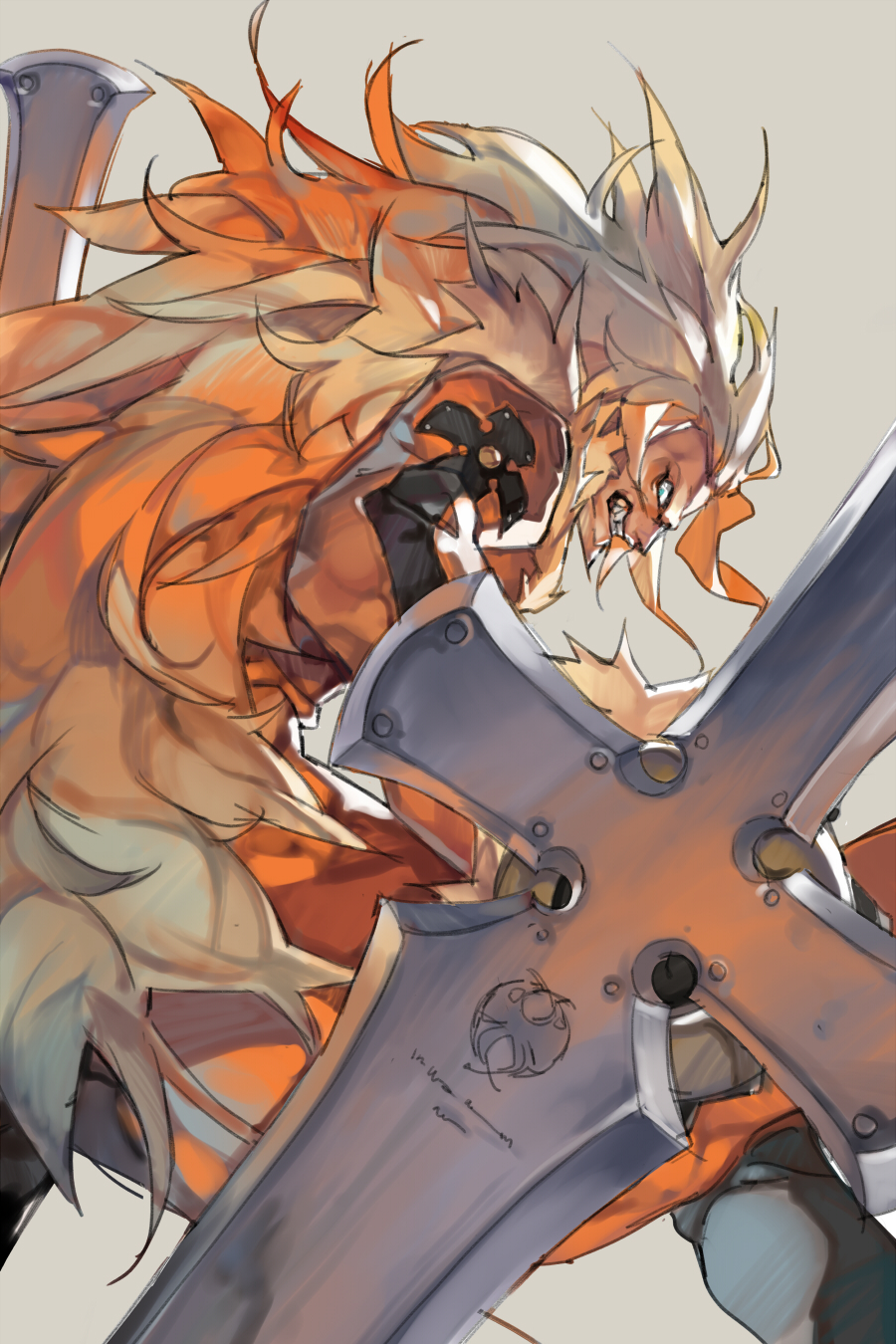 1boy beard blonde_hair clenched_teeth commentary dual_wielding english_commentary facial_hair feet_out_of_frame grey_background grey_pants guilty_gear guilty_gear_xrd highres holding jacket leo_whitefang long_hair long_sleeves looking_at_viewer looking_back male_focus min_(minyinr) orange_jacket pants solo teeth very_long_hair weapon