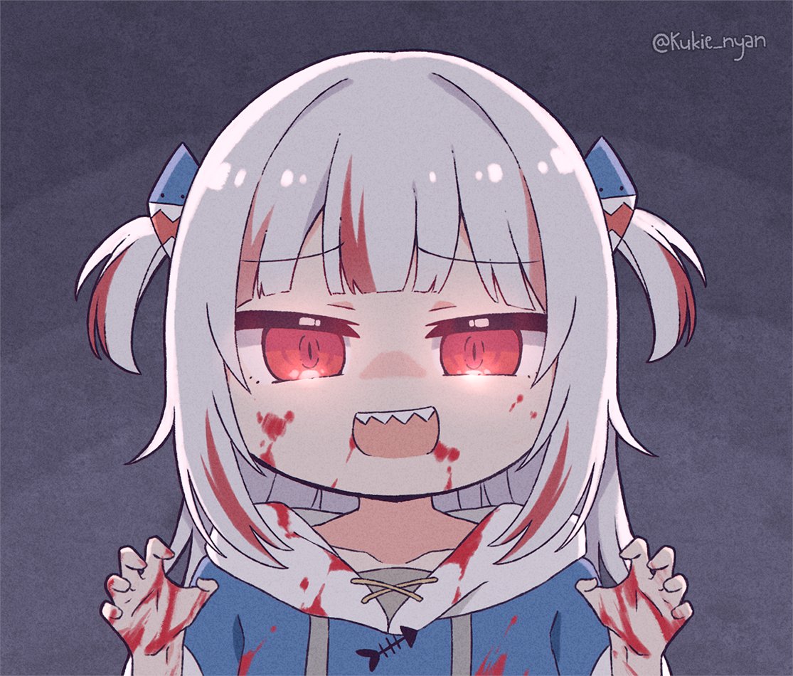 1girl bangs blush chibi commentary english_commentary gawr_gura hair_ornament hololive hololive_english kukie-nyan looking_at_viewer multicolored_hair open_mouth red_eyes redhead sharp_teeth silver_hair smile solo streaked_hair teeth virtual_youtuber