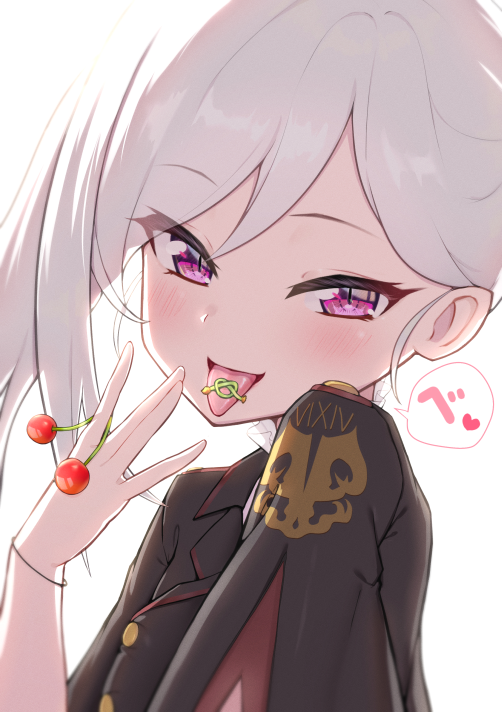 1girl bangs black_jacket blue_archive blush cherry cherry_stem_knot clothes_writing commentary_request eyebrows_visible_through_hair food fruit hand_up highres jacket long_hair mutsuki_(blue_archive) roman_numeral simple_background smile solo tongue tongue_out translation_request upper_body ushimittsu violet_eyes white_background white_hair