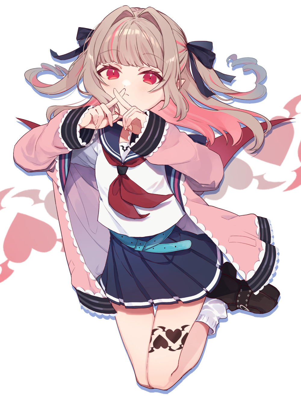 1girl belt black_footwear black_ribbon blush boots child demon_girl demon_wings eyebrows_visible_through_hair fingers_together full_body grey_hair hair_intakes hair_ribbon heart heart_tattoo highres jacket loli long_hair long_sleeves looking_at_viewer loose_socks makaino_ririmu multicolored_hair neckerchief nijisanji open_clothes open_jacket pink_hair pink_jacket pleated_skirt pointy_ears red_eyes red_neckwear red_wings ribbon sailor_collar school_uniform serafuku shirt skirt solo tattoo thigh_gap thigh_tattoo tooru_(jux) two-tone_background two-tone_hair two_side_up virtual_youtuber white_shirt wings x_fingers