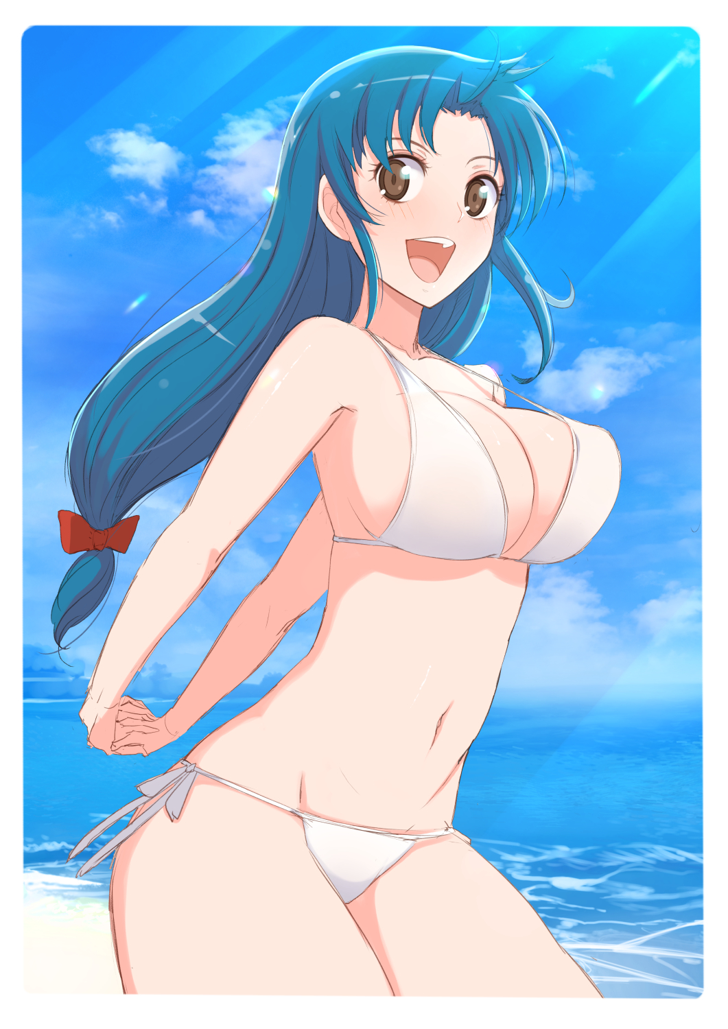 beach bikini blue_hair bow breasts brown_eyes chidori_kaname facing_to_the_side full_metal_panic! hair_bow highres long_hair looking_at_viewer open_mouth sketch smile sunlight swimsuit user_ccfk3384 water white_bikini