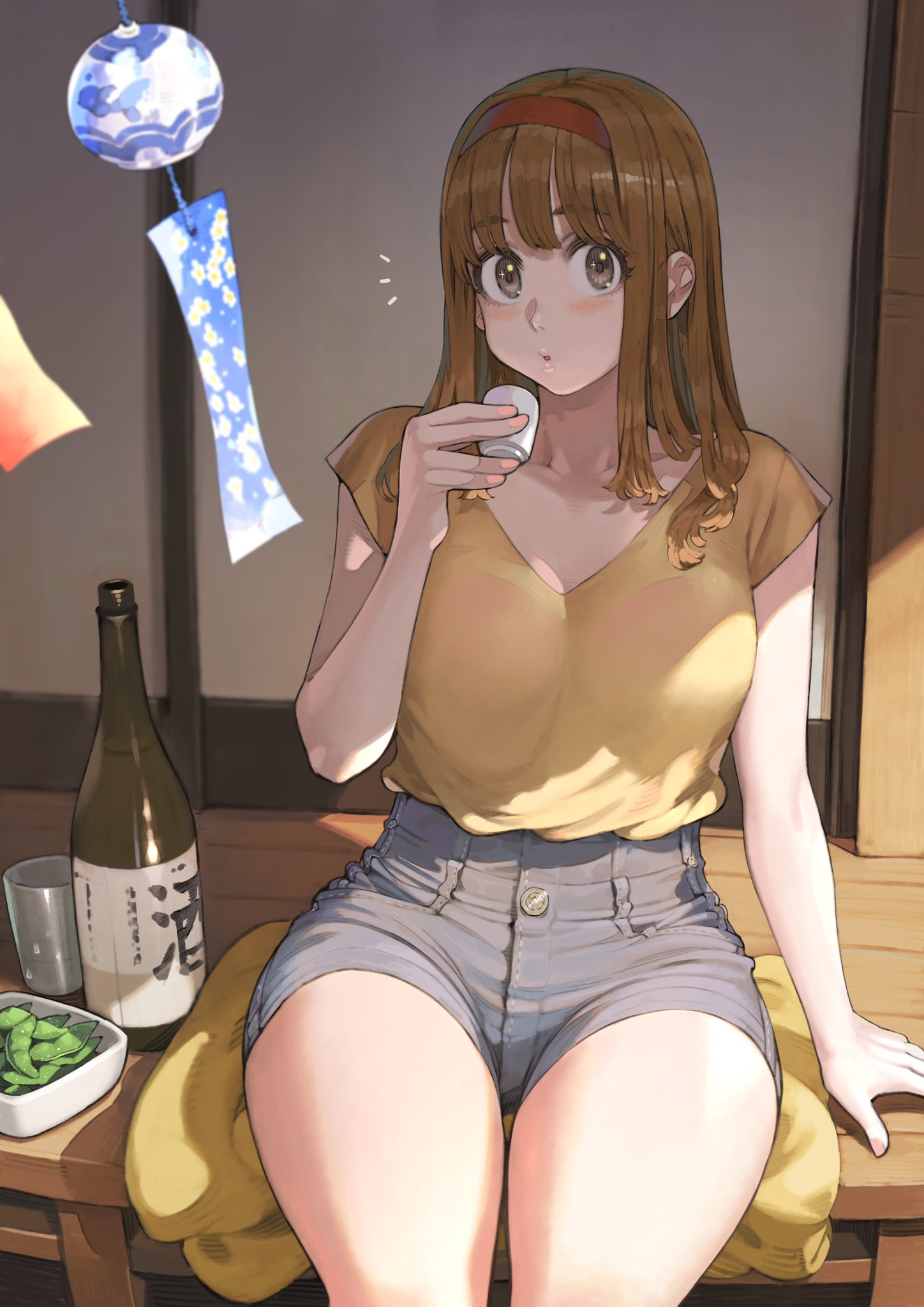 1girl :o alcohol arm_support bangs blunt_bangs blush bottle bra_through_clothes brown_eyes brown_hair choko_(cup) collarbone cup cushion denim denim_shorts drinking drinking_glass edamame_(food) eyebrows_visible_through_hair food glass headband high-waist_shorts highres holding holding_cup jun_(seojh1029) long_hair looking_at_viewer open_mouth original plate red_headband sake sake_bottle shirt shorts sidelocks sitting sitting_on_object sliding_doors solo thick_thighs thigh_gap thighs v-neck wind_chime yellow_shirt