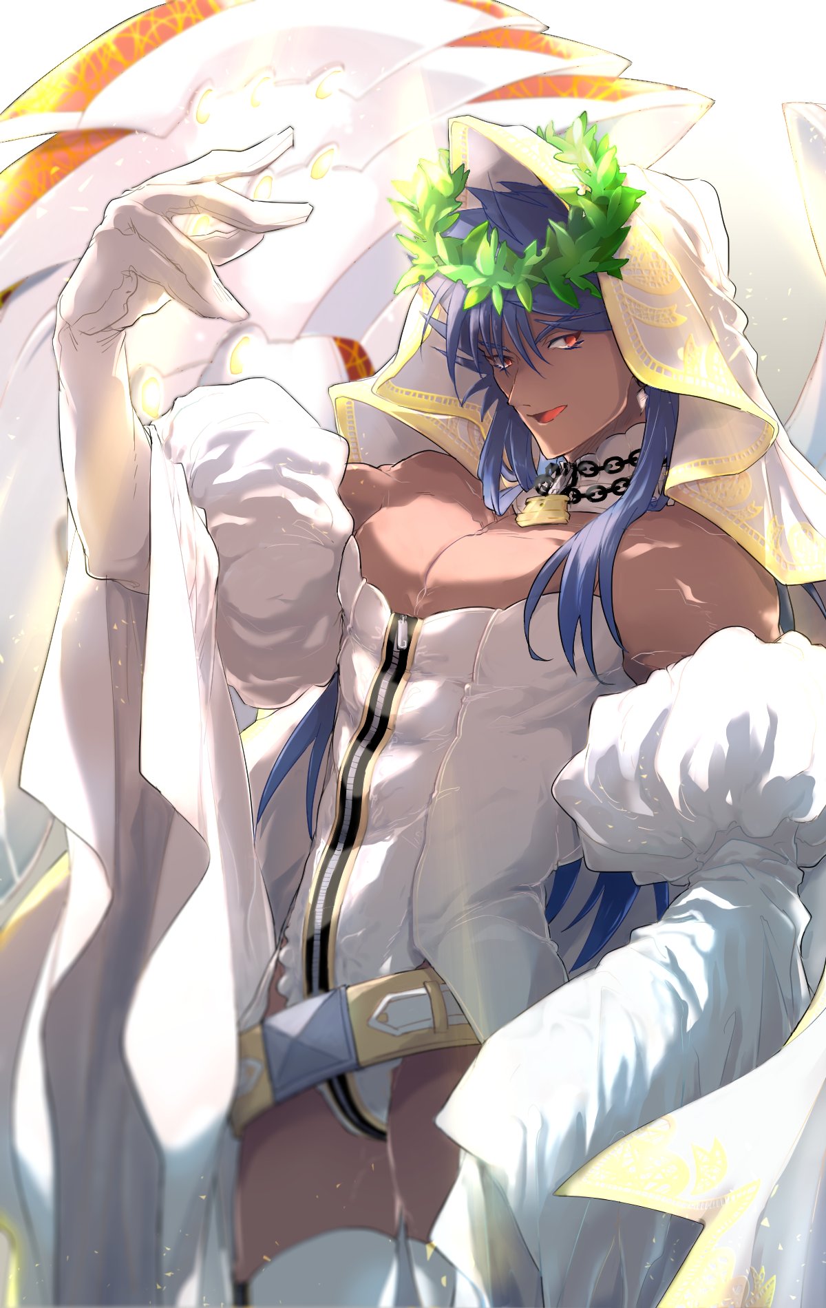 1boy alternate_costume bangs chain cosplay crossdressinging dark-skinned_male dark_blue_hair dark_skin earrings elbow_gloves fate/grand_order fate_(series) feet_out_of_frame gloves highres jewelry laurel_crown leotard lock long_hair looking_at_viewer male_cleavage male_focus nero_claudius_(bride)_(fate) nero_claudius_(bride)_(fate)_(cosplay) nero_claudius_(fate)_(all) pectorals pureagain purple_hair red_eyes romulus_quirinus_(fate) smile solo sunlight thigh-highs toned toned_male veil very_long_hair white_gloves zipper