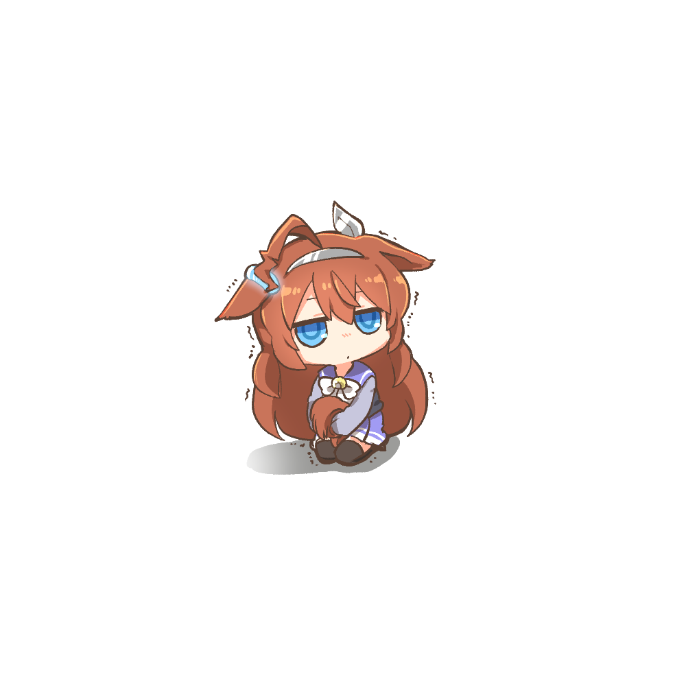 1girl ahoge animal_ears bangs black_legwear blue_eyes blue_sailor_collar blue_shirt blue_skirt bow brown_hair chibi closed_mouth eyebrows_behind_hair hair_between_eyes horse_ears horse_girl horse_tail long_hair long_sleeves mihono_bourbon_(umamusume) pleated_skirt rebecca_(keinelove) sailor_collar seiza shadow shirt sitting skirt solo tail tail_hug thigh-highs trembling umamusume very_long_hair white_background white_bow