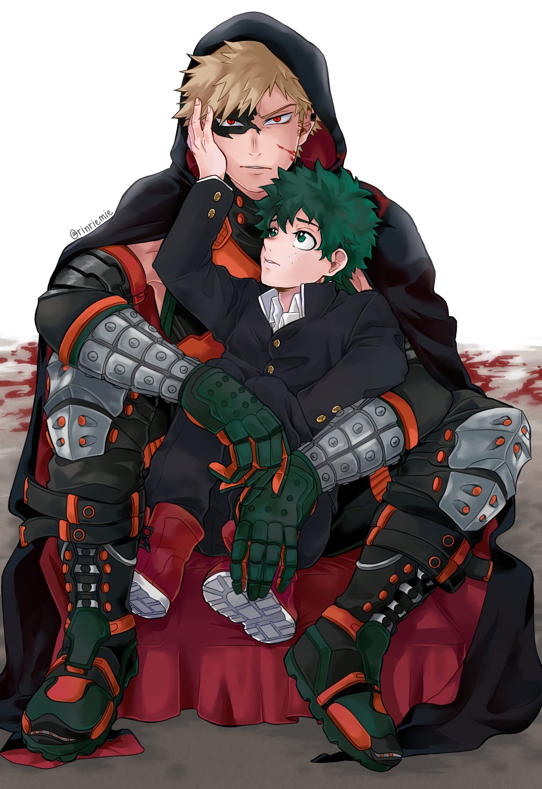 2boys ankle_boots armor bakugou_katsuki bangs black_cape black_jacket black_pants blonde_hair blood boku_no_hero_academia boots cape eye_mask freckles gauntlets gloves green_eyes green_hair grey_background hand_on_another's_face hand_up highres hood hood_up hooded_cape jacket knee_pads male_focus midoriya_izuku multiple_boys pants parted_lips red_cape red_eyes red_footwear rin_(rinriemie) shirt sitting smile white_shirt