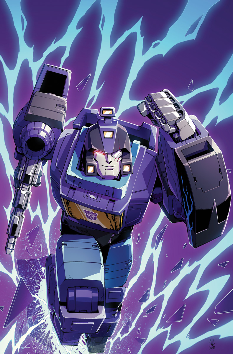 1boy autobot blurr casey_w._coller clenched_hand collaboration comic_cover english_commentary glowing glowing_eye gun highres holding holding_gun holding_weapon insignia joana_lafuente no_humans official_art one_eye_covered running scar scar_across_eye science_fiction smile solo the_transformers_(idw) transformers transformers_shattered_glass weapon