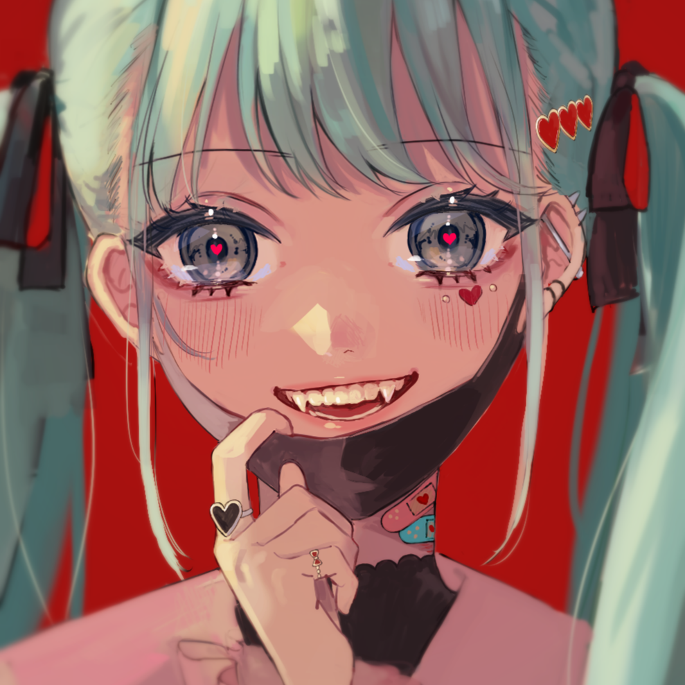 1girl aqua_hair bandaid bandaid_on_neck black_mask blue_eyes close-up commentary earrings facial_tattoo fangs hair_ornament hairclip hatsune_miku heart heart_hair_ornament heart_in_eye heart_ring jewelry long_hair looking_at_viewer mask mask_pull mouth_mask open_mouth pink_shirt portrait red_background ring shirt smile solo symbol_in_eye tattoo twintails ume_neko_(otaku-nyanko) vampire_(vocaloid) vocaloid