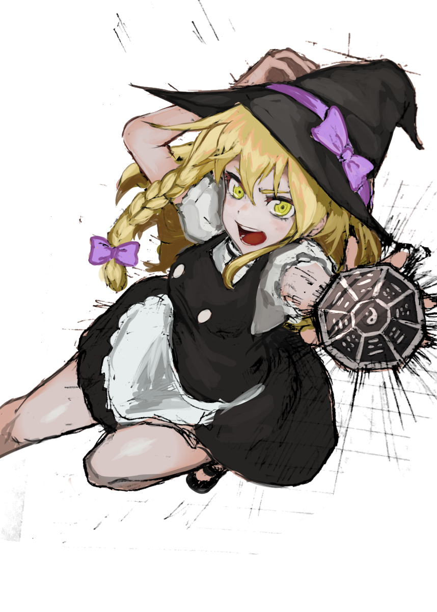1girl aiming_at_viewer apron bangs black_dress black_footwear black_headwear blonde_hair bow braid commentary_request cookie_(touhou) dress foot_out_of_frame hair_bow hat hat_bow highres johnnyyyyy kirisame_marisa long_hair looking_at_viewer mary_janes mini-hakkero open_mouth purple_bow shirt shoes side_braid simple_background single_braid solo touhou uzuki_(cookie) waist_apron white_apron white_background white_shirt witch_hat yellow_eyes yin_yang