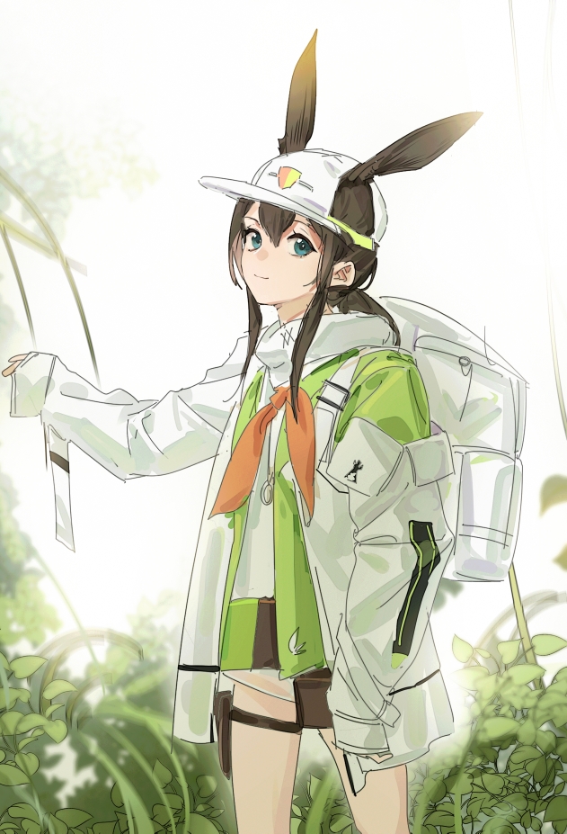 1girl amiya_(arknights) amiya_(seeder)_(arknights) animal_ears arknights backpack bag baseball_cap blue_eyes commentary cowboy_shot ears_through_headwear extra_ears green_jacket hand_up hat jacket looking_at_viewer official_alternate_costume orange_neckwear plant rabbit_ears shenji_laurant smile solo thigh_strap white_bag white_headwear white_jacket