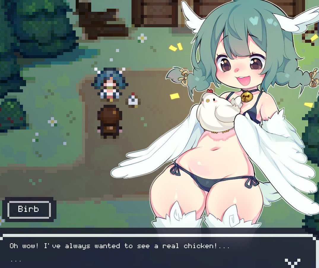 1girl aqua_hair bell belly bikini bird bird_tail blush braid breasts brown_eyes chicken choker dialogue_box english_text fake_screenshot feathered_wings feathers green_hair harpy head_wings jingle_bell monster_girl navel open_mouth original pixel_art proofmeh short_twintails side-tie_bikini small_breasts swimsuit tail thick_thighs thigh-highs thighs twin_braids twintails white_feathers white_wings wing_ears winged_arms wings