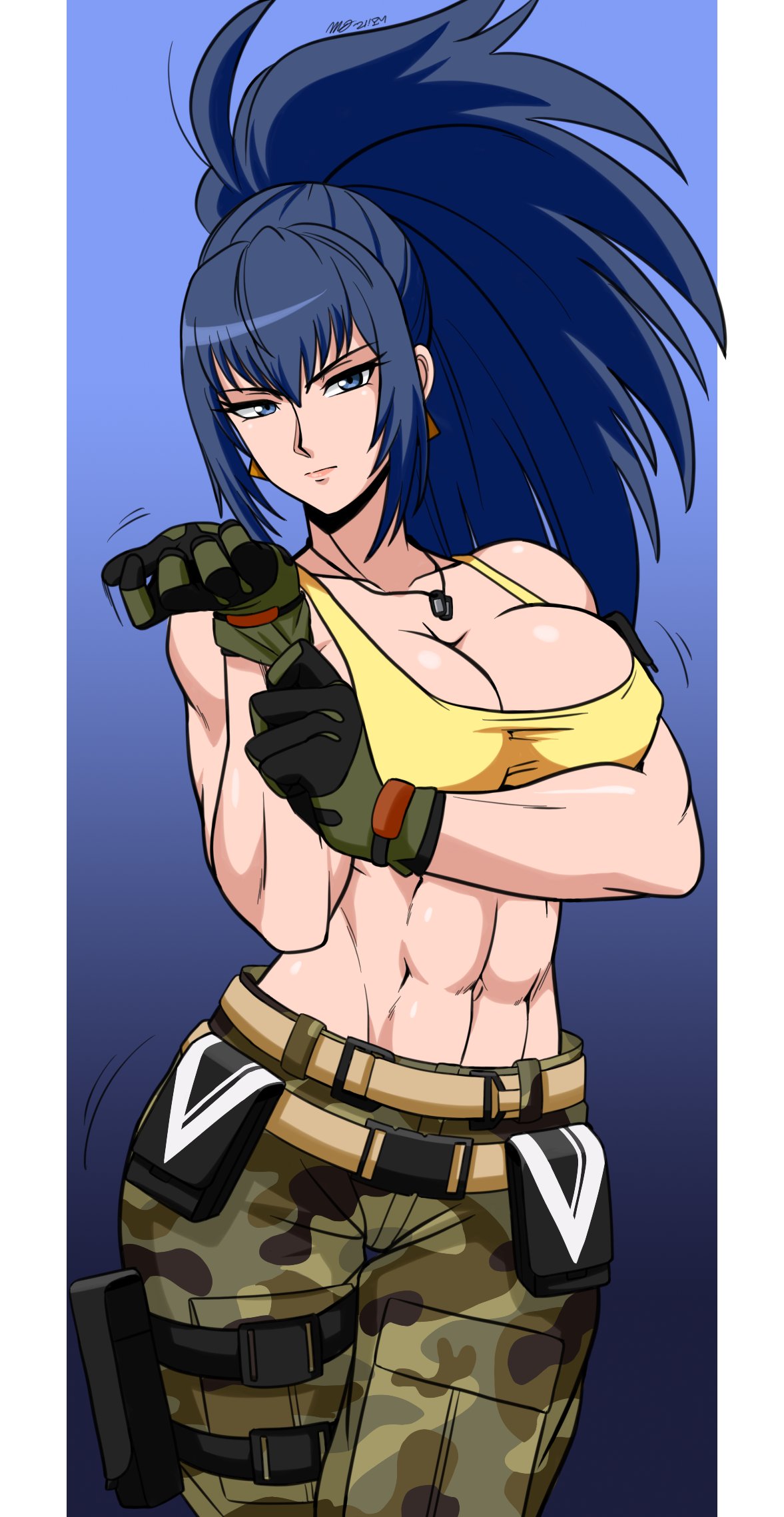 1girl abs adjusting_clothes adjusting_gloves ammunition_pouch armlet bangs bare_shoulders belt blue_eyes blue_hair breasts camouflage camouflage_pants dog_tags earrings eyes gloves highres jewelry large_breasts leona_heidern mergeritter midriff military military_uniform muscular muscular_female pants ponytail pouch sleeveless solo standing tank_top the_king_of_fighters the_king_of_fighters_xiv the_king_of_fighters_xv triangle_earrings uniform white_background yellow_tank_top