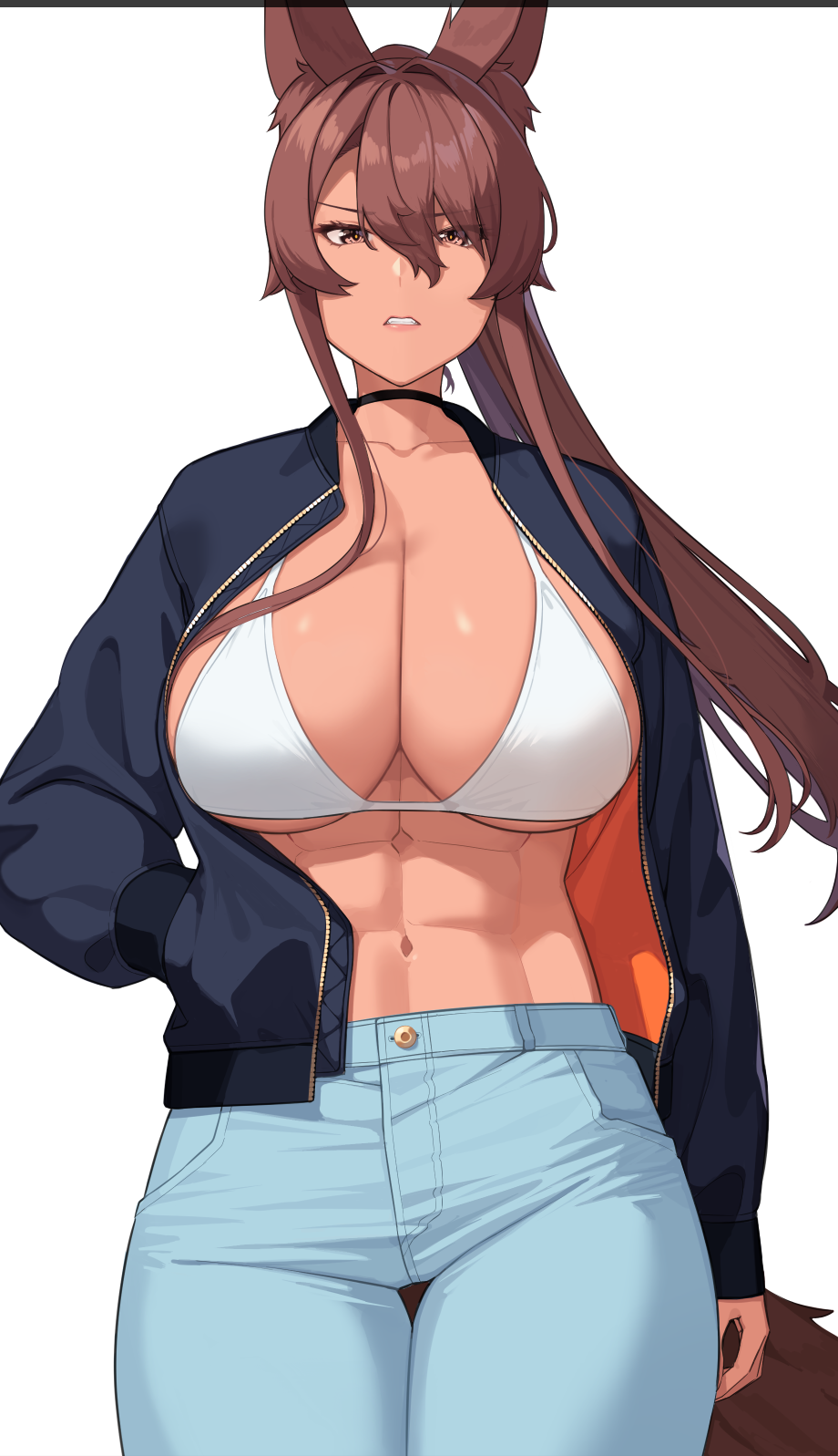 1girl abs animal_ear_fluff animal_ears arm_at_side black_choker blue_pants bra breasts brown_eyes brown_hair buttons choker commentary_request dark-skinned_female dark_skin denim feet_out_of_frame franham hair_between_eyes hand_in_pocket highres jacket jeans large_breasts long_hair looking_at_viewer muscular muscular_female navel open_clothes open_jacket open_mouth original pants parted_lips pocket ponytail sidelocks simple_background solo standing stomach teeth thigh_gap under_boob underwear unzipped white_background white_bra