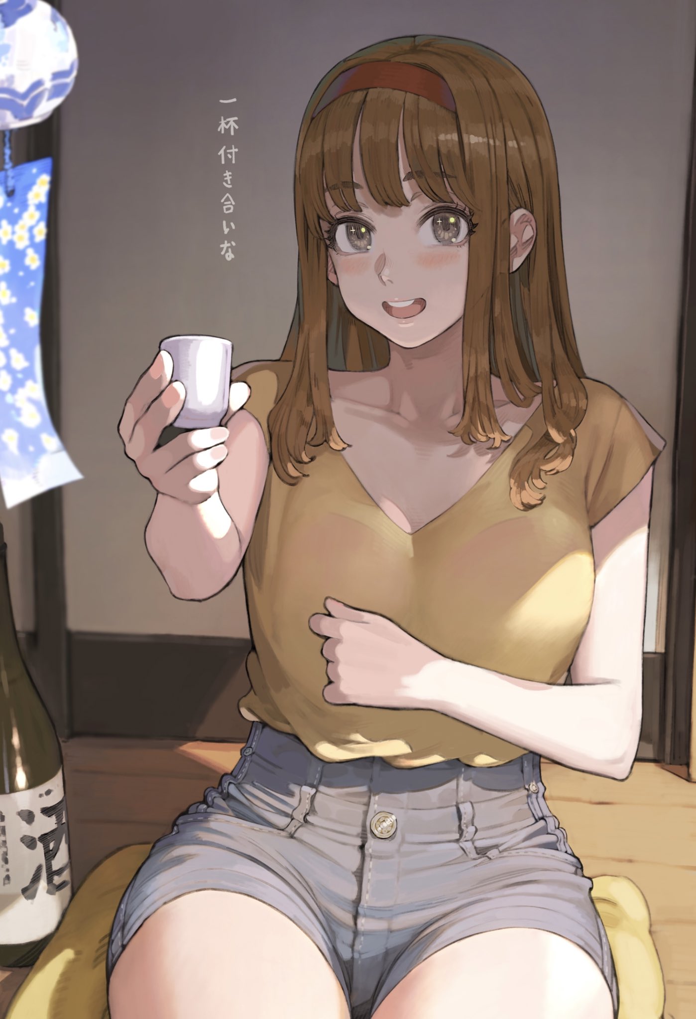 1girl alcohol bottle breasts brown_eyes brown_hair commentary_request cup eyebrows_visible_through_hair giving headband highres holding holding_cup incoming_drink jun_(seojh1029) long_hair looking_at_viewer open_mouth original outstretched_arm red_headband sake sake_bottle shirt shorts sitting sitting_on_pillow sleeveless sleeveless_shirt smile solo translation_request wind_chime yellow_shirt