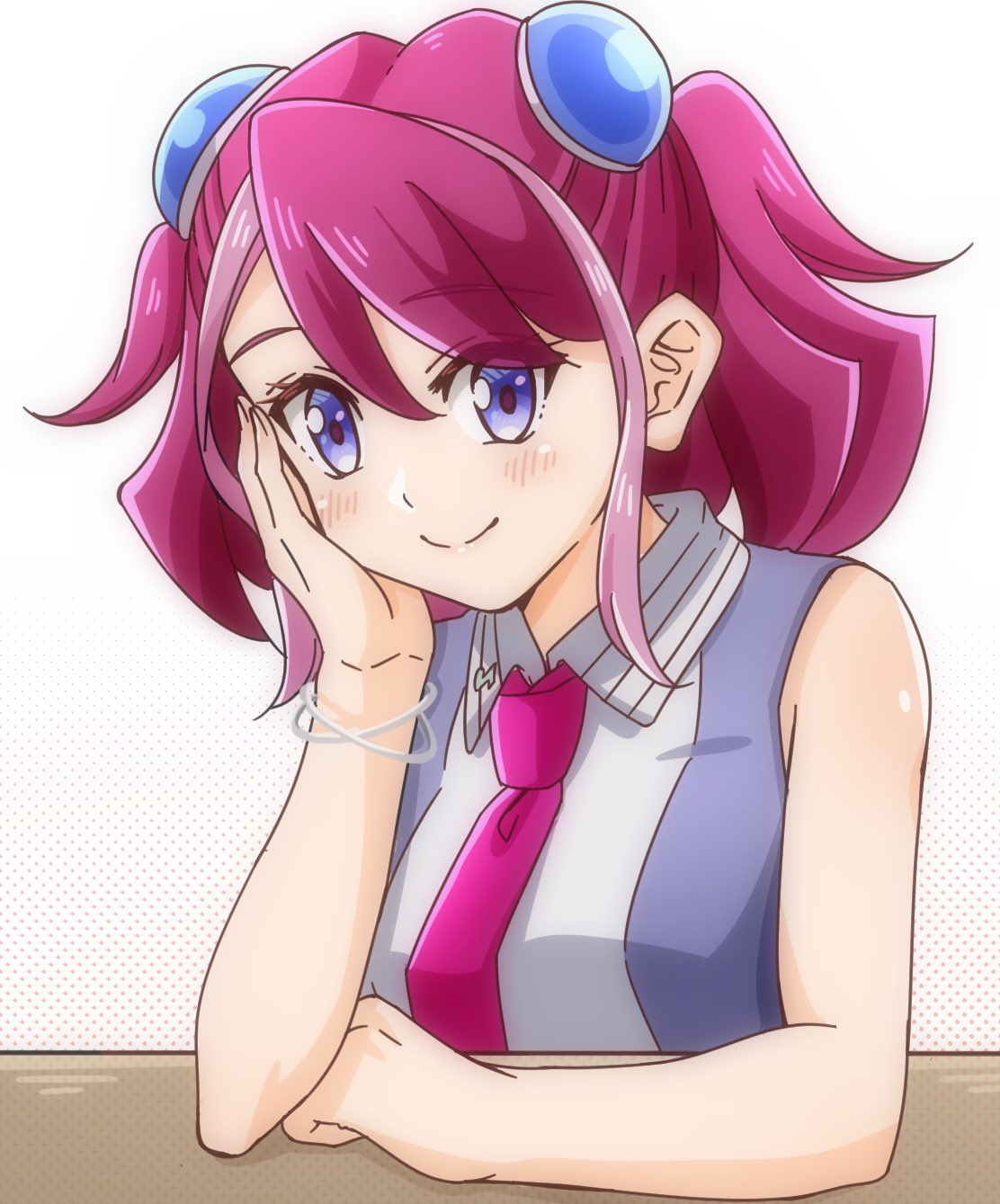 1girl blue_eyes bracelet exposed_shoulders hiiragi_yuzu multicolored_hair pink_hair pink_neckwear short_twintails smile strt yuu-gi-ou yuu-gi-ou_arc-v