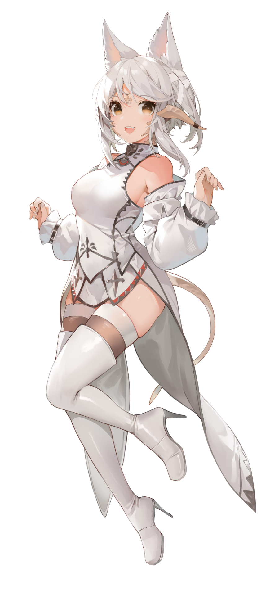 1girl :d akizone animal_ears au_ra breasts brown_eyes cheeze_(akizone) detached_sleeves eyebrows_visible_through_hair final_fantasy final_fantasy_xiv highres looking_at_viewer medium_breasts open_mouth original short_hair simple_background smile solo tail teeth thigh-highs upper_teeth white_background white_hair white_legwear