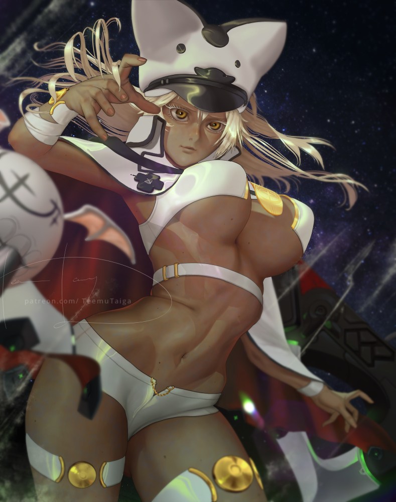 1girl bangs beltbra breasts cloak dark-skinned_female dark_skin guilty_gear guilty_gear_strive hat large_breasts long_hair looking_at_viewer platinum_blonde_hair ramlethal_valentine short_shorts shorts solo teemu_taiga thigh_strap under_boob wrist_cuffs yellow_eyes