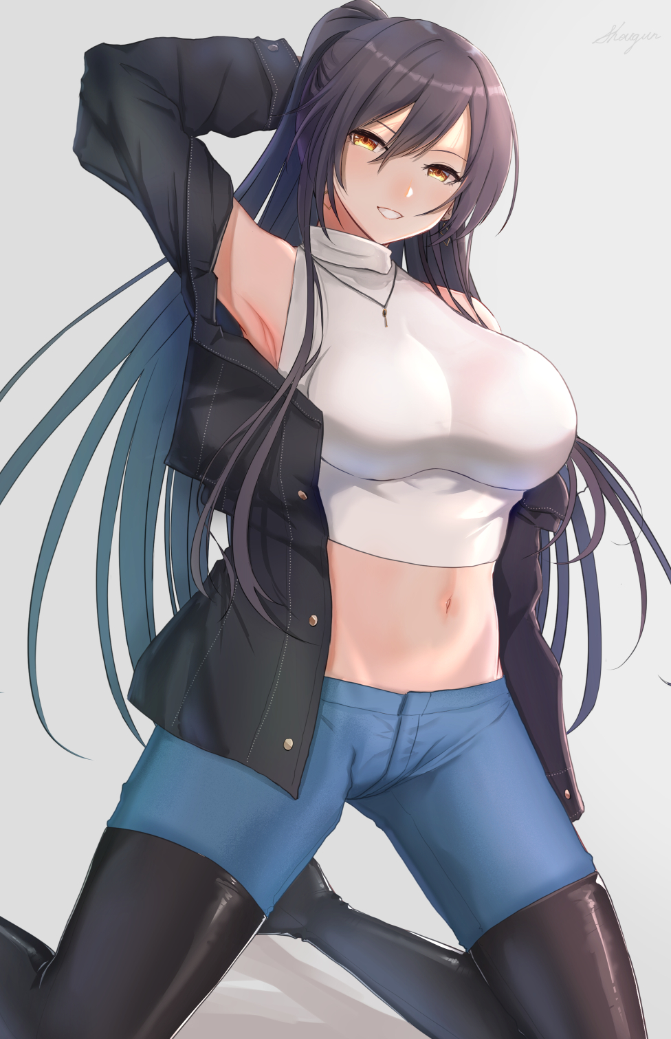 1girl :d arm_behind_head arm_up armpits bangs black_footwear black_hair black_jacket blue_pants boots breasts crop_top earrings grey_background groin hair_between_eyes high_heel_boots high_heels highres idolmaster idolmaster_shiny_colors jacket jewelry kneeling light_blush long_hair looking_at_viewer medium_breasts navel necklace open_clothes open_jacket open_mouth pants ponytail shirase_sakuya shirt shougun_(chuckni1) signature simple_background sleeveless sleeveless_shirt smile solo thigh-highs thigh_boots turtleneck yellow_eyes