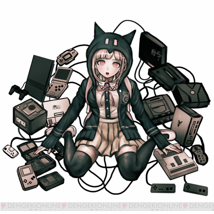 1girl :o animal_hood backpack bag bangs black_jacket black_shirt blunt_bangs breasts brown_skirt cat_hood collared_shirt controller dangan_ronpa_(series) dangan_ronpa_2:_goodbye_despair game_boy game_boy_advance game_console game_controller grey_background hair_ornament hairclip handheld_game_console hood hood_up jacket komatsuzaki_rui large_breasts light_brown_hair long_sleeves looking_at_viewer nanami_chiaki neck_ribbon official_art official_style open_clothes open_jacket open_mouth pink_footwear pink_ribbon playstation pleated_skirt ribbon shiny shiny_hair shirt shirt_tucked_in shoes simple_background sitting skirt sleeves_past_wrists smile solo thigh-highs two-tone_shirt upper_teeth wariza white_shirt xbox zettai_ryouiki