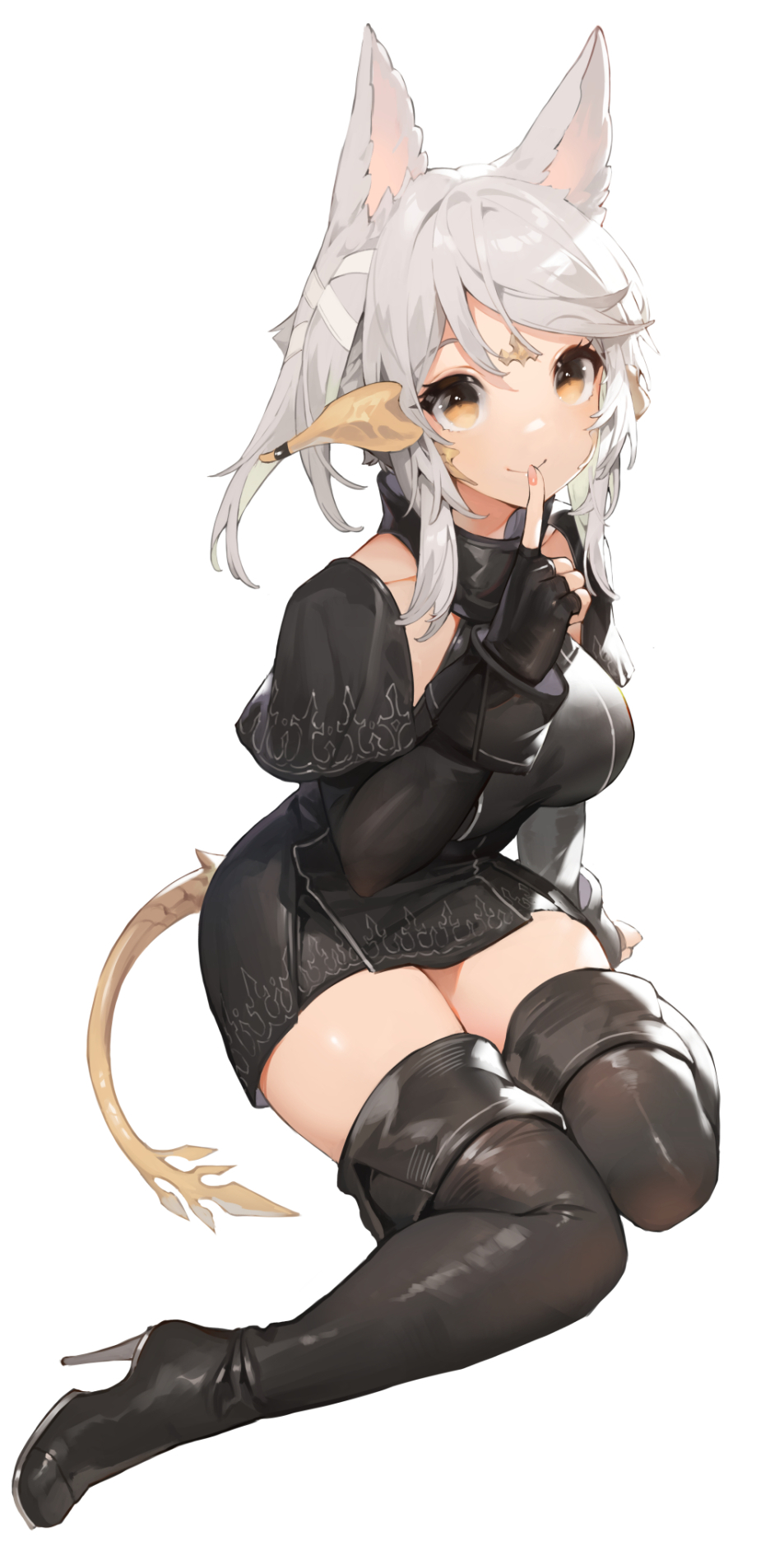 1girl akizone animal_ears au_ra black_gloves black_legwear breasts brown_eyes cheeze_(akizone) final_fantasy final_fantasy_xiv finger_to_mouth fingerless_gloves fingernails full_body gloves highres index_finger_raised large_breasts looking_at_viewer original short_hair shushing sidelocks simple_background solo tail thigh-highs thighs white_background white_hair