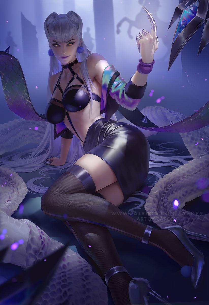 1girl breasts claws cropped_jacket demon_girl earrings evelynn_(league_of_legends) garter_straps glowing glowing_eyes high_heels highres jacket jewelry kneehighs league_of_legends lipstick long_hair looking_at_viewer makeup open_clothes silver_hair skirt the_baddest_evelynn zarory