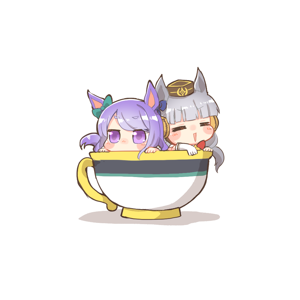 2girls :&gt; =_= animal_ears bangs bow brown_headwear closed_eyes cup ear_bow ear_covers gold_ship_(umamusume) green_bow grey_hair hat horse_ears in_container in_cup long_hair mejiro_mcqueen_(umamusume) mini_hat minigirl multiple_girls parted_lips purple_hair rebecca_(keinelove) shadow short_eyebrows teacup thick_eyebrows triangle_mouth umamusume v-shaped_eyebrows violet_eyes