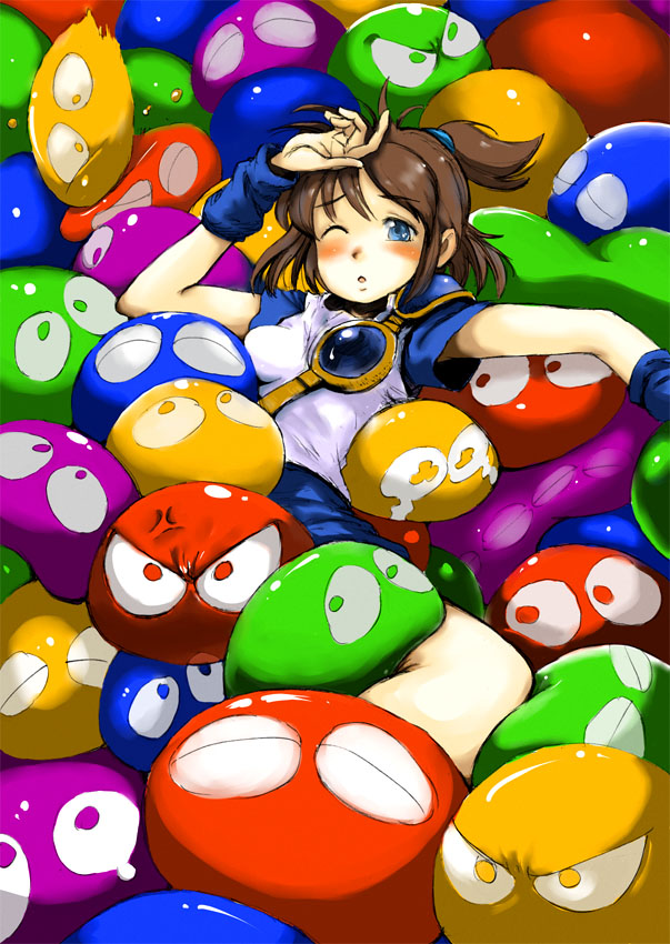 arle_nadja blue_eyes brown_hair brush half-closed_eyes hands_up hirokazu open_mouth painttool_sai_(medium) ponytail puyopuyo short_hair spread_legs what