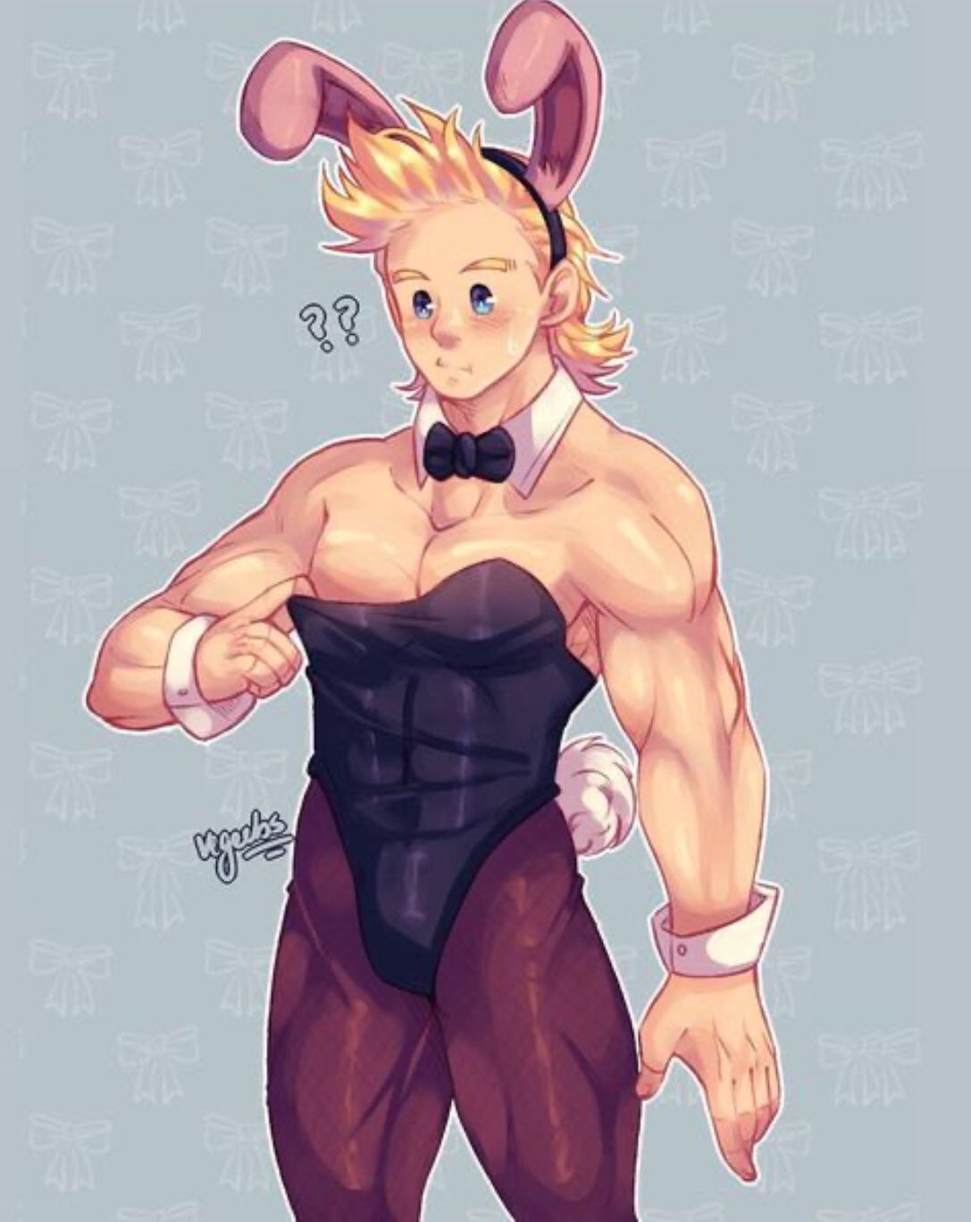 1boy addy_(@vegeebs) alternate_costume animal_ears bare_shoulders boku_no_hero_academia bow bowtie bunny_tail covered_abs covered_navel crossdressinging detached_collar fake_animal_ears fake_tail highres latex latex_legwear leotard male_cleavage male_focus male_playboy_bunny muscular muscular_male pantyhose pectorals protected_link rabbit_ears short_hair skin_tight solo strapless strapless_leotard tail thick_thighs thighs togata_mirio wing_collar wrist_cuffs