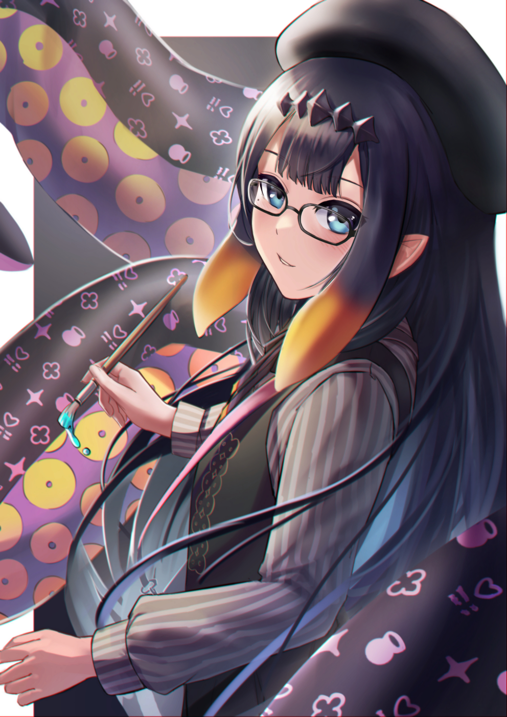 1girl bangs beret blue_eyes dress from_side glasses gradient_hair grey_shirt hat headpiece highres holding holding_paintbrush hololive hololive_english long_hair long_sleeves looking_at_viewer maewii42 mole mole_under_eye multicolored_hair ninomae_ina'nis orange_hair paintbrush parted_lips pinafore_dress pinstripe_pattern pinstripe_shirt pointy_ears purple_hair shirt solo striped tentacle_hair tentacles upper_body virtual_youtuber