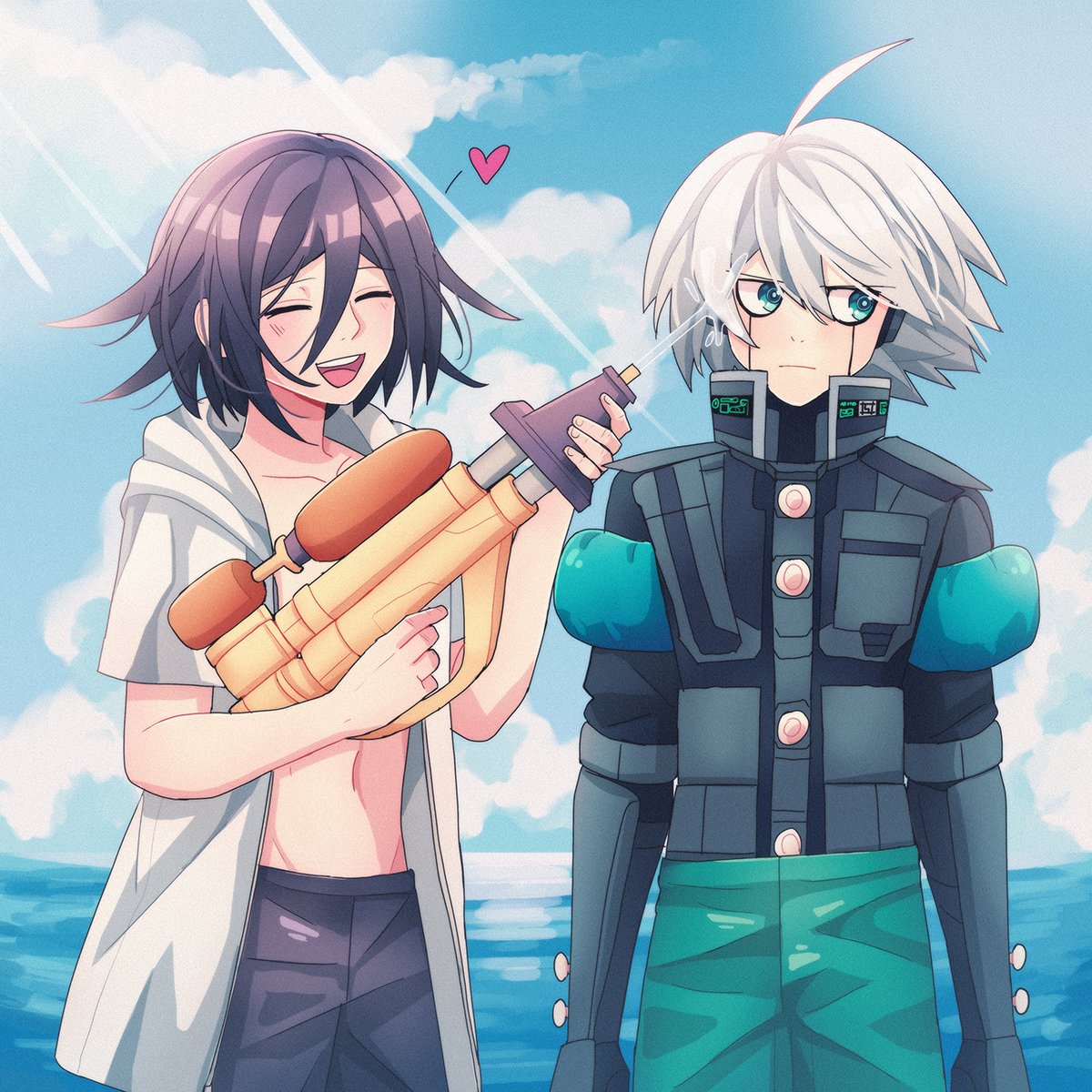 2boys :d ahoge android blush cheer_(cheerkitty14) closed_eyes clouds dangan_ronpa_(series) dangan_ronpa_s:_ultimate_summer_camp dangan_ronpa_v3:_killing_harmony day frown green_eyes green_male_swimwear grey_hair hair_between_eyes heart highres holding holding_water_gun hood hood_down jacket keebo male_swimwear multiple_boys navel official_alternate_costume open_mouth ouma_kokichi outdoors power_armor purple_hair purple_male_swimwear shirt short_sleeves sideways_glance smile stomach upper_teeth water_gun white_jacket