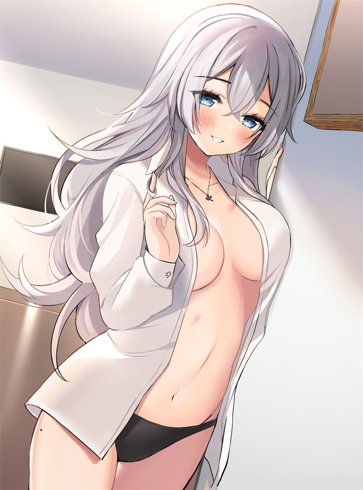 1girl black_panties blue_eyes breasts cowboy_shot grin hair_between_eyes jewelry long_hair long_sleeves looking_at_viewer medium_breasts mole mole_on_thigh navel necklace no_bra no_pants open_clothes open_shirt original panties ry_thae sanyu_(ry_thae) shirt silver_hair smile solo stomach underwear white_shirt