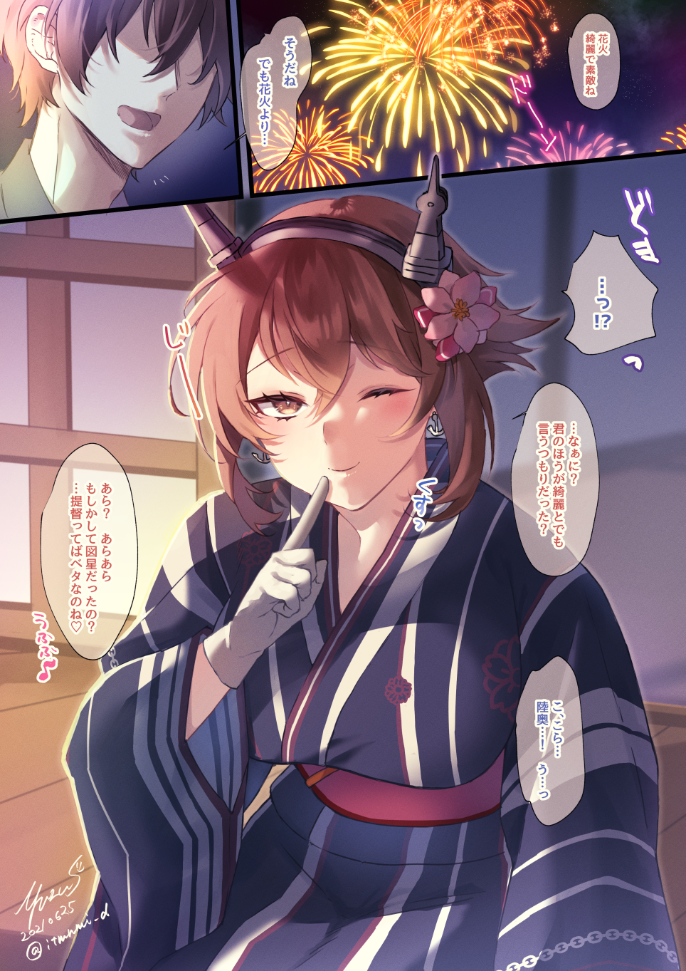 1boy 1girl breasts brown_eyes finger_to_mouth fireworks flower gloves hair_flower hair_ornament headgear highres indoors japanese_clothes kantai_collection kimono large_breasts looking_at_viewer mutsu_(kancolle) one_eye_closed saiki_yuzuri smile translation_request white_gloves wide_sleeves yukata
