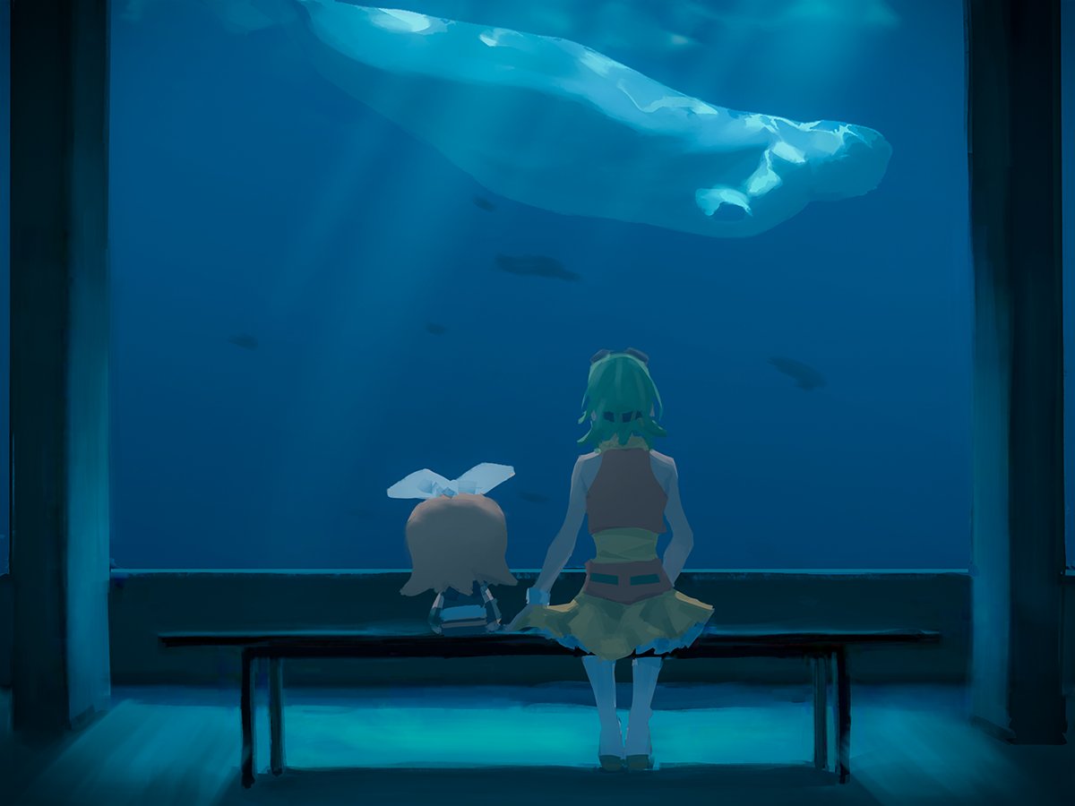 1girl aquarium blonde_hair boots bow caustics character_doll commentary english_commentary frilled_skirt frills from_behind goggles goggles_on_head green_hair gumi hair_bow kagamine_rin knee_boots manatee orange_shirt sailor_collar shirt short_hair sitting skirt solo vocaloid white_bow white_footwear white_shirt window wounds404 yellow_skirt