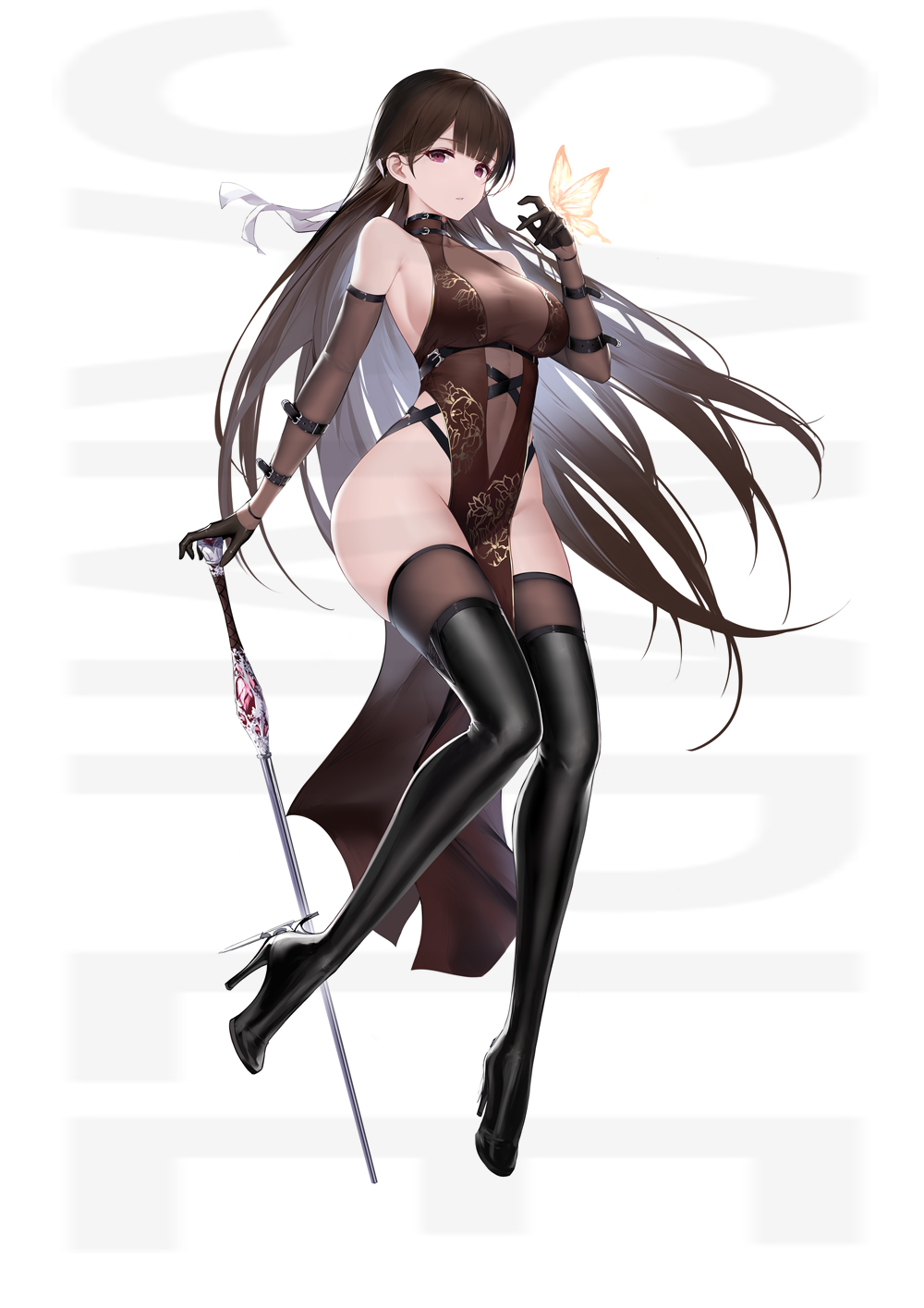 1girl an_yasuri banned_artist bare_shoulders black_footwear black_gloves boots breasts brown_dress brown_hair brown_legwear bug butterfly china_dress chinese_clothes choker dress elbow_gloves full_body gloves hand_up high_heel_boots high_heels highleg highres holding insect large_breasts long_hair looking_at_viewer no_panties original parted_lips pelvic_curtain simple_background sleeveless sleeveless_dress sleeveless_turtleneck solo staff taut_clothes taut_dress thigh-highs thigh_boots thighs turtleneck very_long_hair violet_eyes white_background