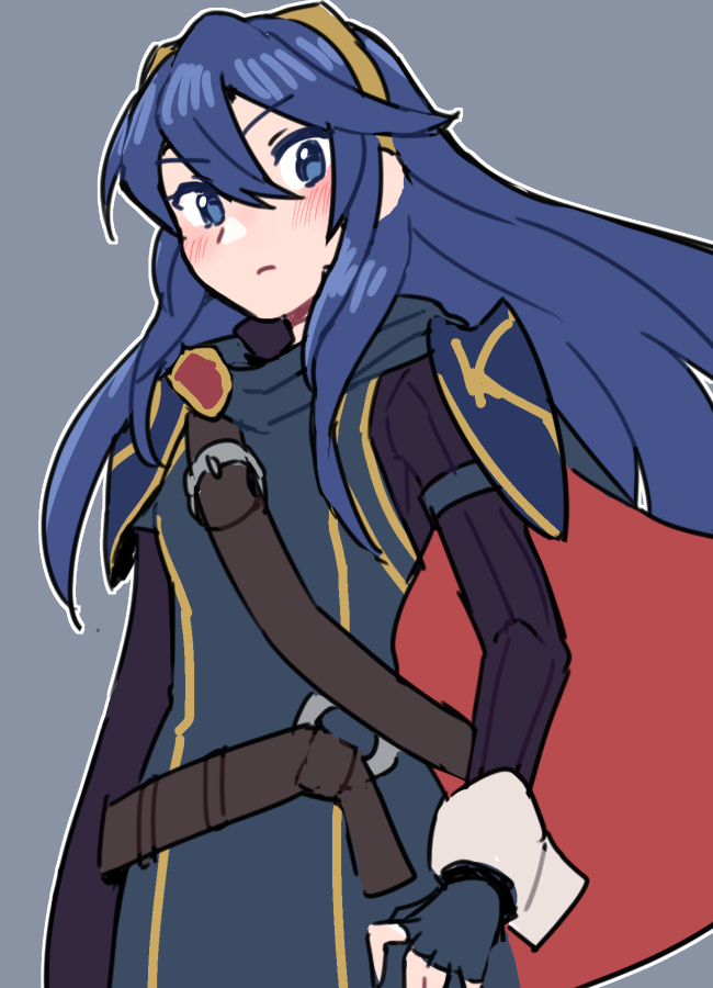 1girl armor blue_eyes blue_hair blush cape do_m_kaeru falchion_(fire_emblem) fingerless_gloves fire_emblem fire_emblem_awakening gloves hair_between_eyes long_hair looking_at_viewer lucina_(fire_emblem) simple_background solo sword tiara weapon