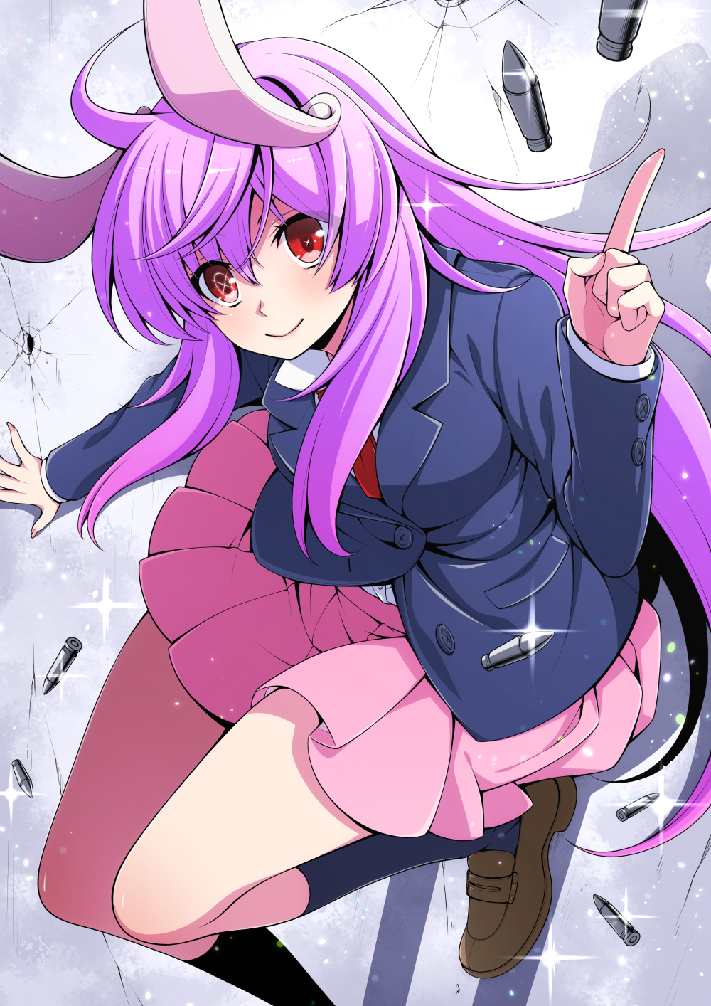 1girl animal_ears bangs black_legwear blue_collar blue_jacket blue_sleeves breasts brown_footwear buttons closed_mouth collar eichi_yuu eyes_visible_through_hair hair_between_eyes hand_up highres jacket light long_hair long_sleeves looking_at_viewer medium_breasts necktie pink_skirt purple_hair rabbit_ears red_eyes red_neckwear reisen_udongein_inaba shadow shirt shoes skirt smile socks solo touhou white_collar white_shirt