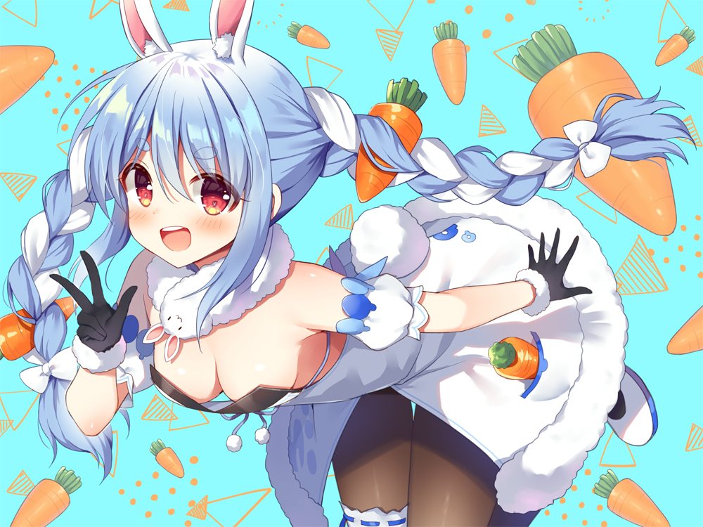 1girl :d animal_ear_fluff animal_ears bangs black_gloves black_leotard blue_background blue_hair blush bow braid breasts brown_legwear bunny-shaped_pupils bunny_tail carrot_hair_ornament commentary_request detached_sleeves don-chan_(usada_pekora) dress eyebrows_visible_through_hair food-themed_hair_ornament fur-trimmed_dress fur-trimmed_gloves fur_trim gloves hair_between_eyes hair_bow hair_ornament hololive leotard long_hair mauve multicolored_hair open_mouth pantyhose puffy_short_sleeves puffy_sleeves rabbit_ears rabbit_girl red_eyes shoes short_eyebrows short_sleeves small_breasts smile strapless strapless_dress strapless_leotard tail thick_eyebrows twin_braids twintails two-tone_hair upper_teeth usada_pekora v very_long_hair virtual_youtuber white_bow white_dress white_footwear white_hair white_sleeves