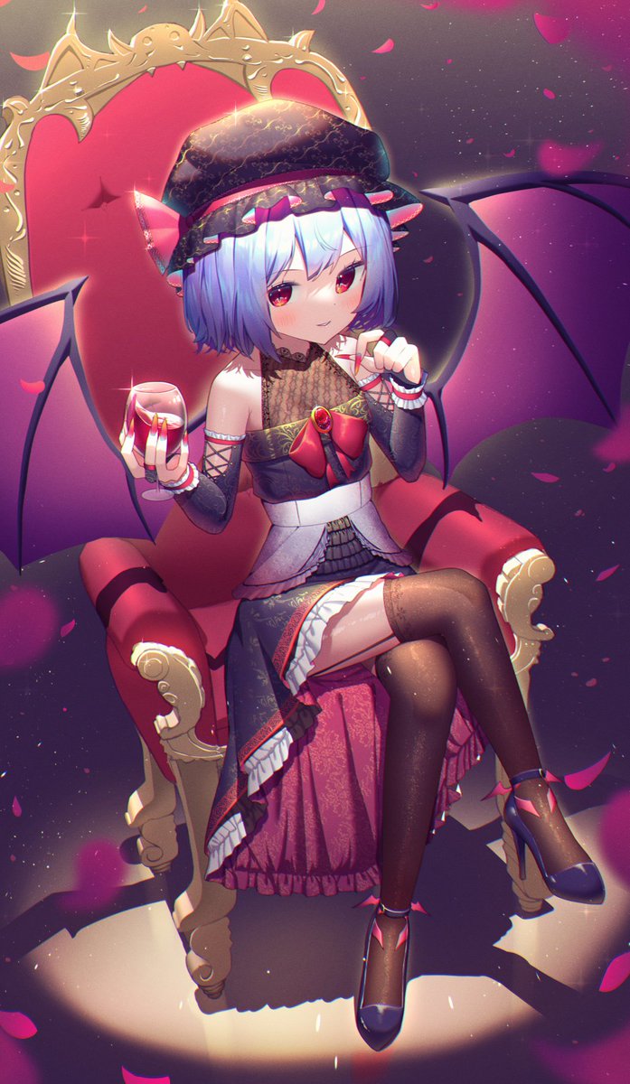 1girl alcohol alternate_costume bare_shoulders bat_wings black_legwear blue_hair bow chair cup dress drinking_glass frills hat high_heels highres jewelry kiramarukou long_fingers looking_at_viewer pendant red_eyes red_nails remilia_scarlet short_hair solo thighs touhou wine wine_glass wings