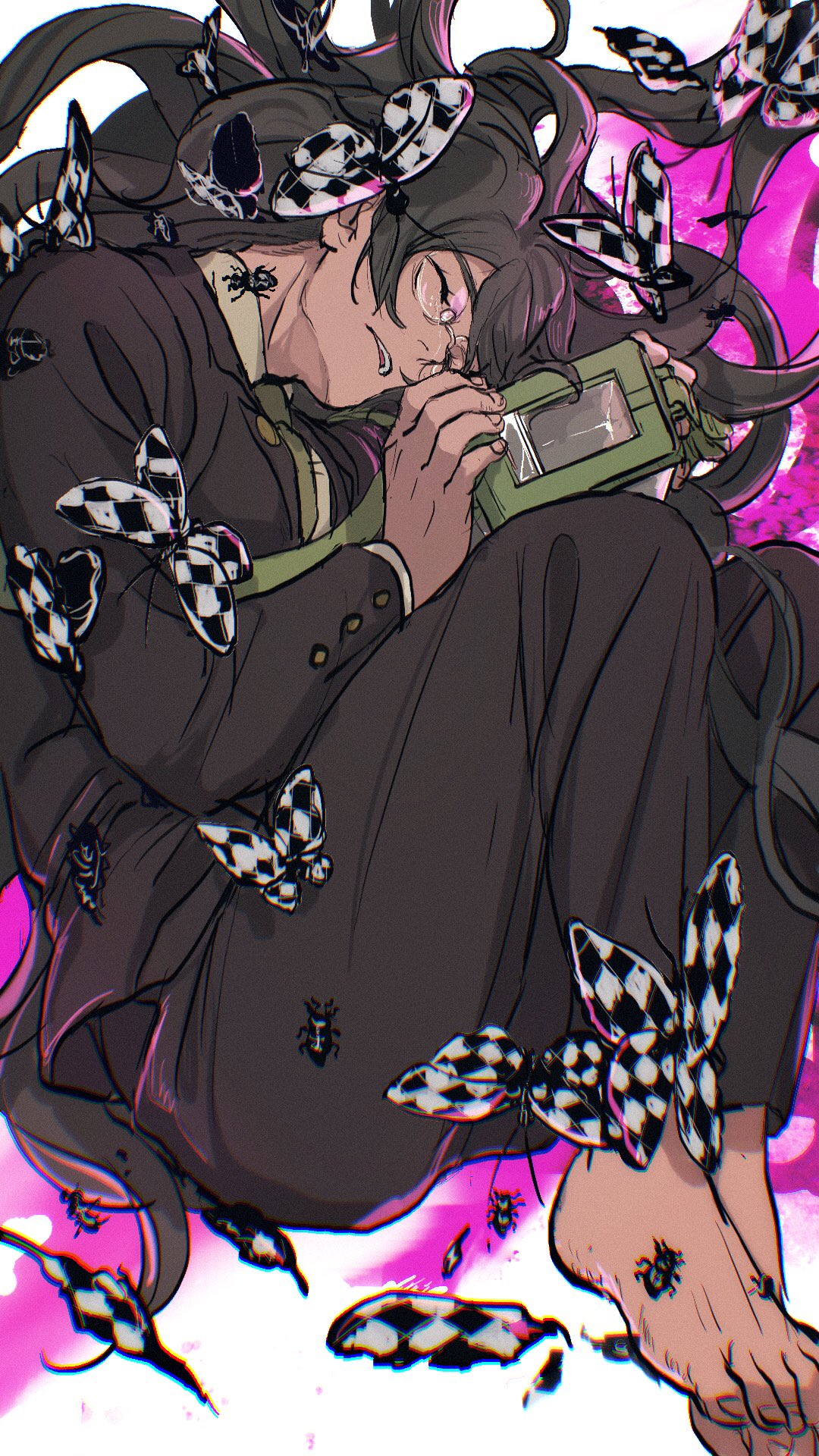 1boy barefoot black_hair blood brown_hair brown_jacket brown_pants bug butterfly checkered dangan_ronpa_(series) dangan_ronpa_v3:_killing_harmony glasses gokuhara_gonta green_neckwear highres holding ichihara2929 insect jacket knees_up long_hair long_sleeves lying male_focus messy_hair necktie on_side open_mouth pants pink_blood rimless_eyewear solo upper_teeth