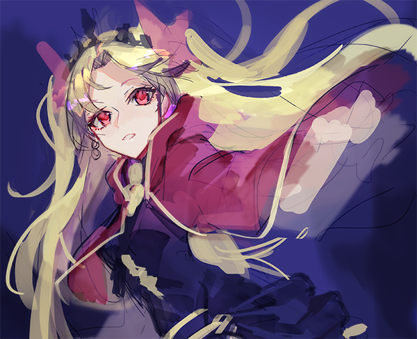 1girl black_dress blonde_hair blue_background commentary_request crown dress ereshkigal_(fate) fate/grand_order fate_(series) hair_ribbon looking_at_viewer mura_karuki open_mouth red_eyes red_robe ribbon robe solo twintails watercolor_effect