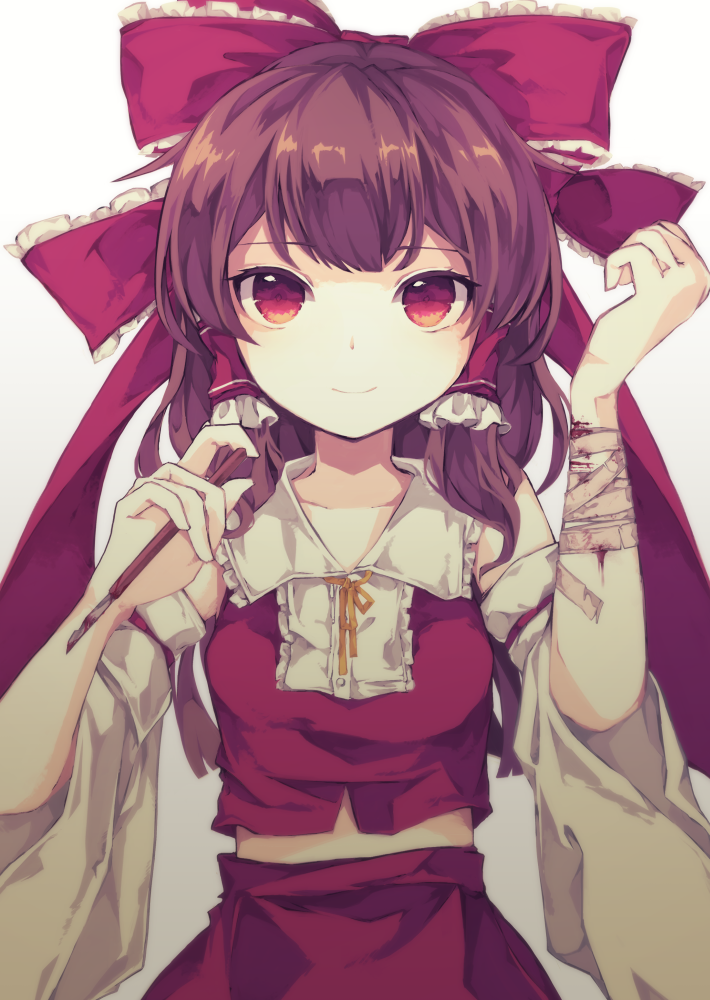 1girl bandaged_arm bandages bangs bare_shoulders bow breasts brown_hair closed_mouth commentary_request cowboy_shot cuts detached_sleeves frilled_hair_tubes frills hair_bow hair_tubes hakurei_reimu holding holding_pen injury long_hair looking_at_viewer midriff pen red_bow red_eyes red_skirt red_vest sato_imo self_harm simple_background skirt small_breasts smile solo touhou vest white_background